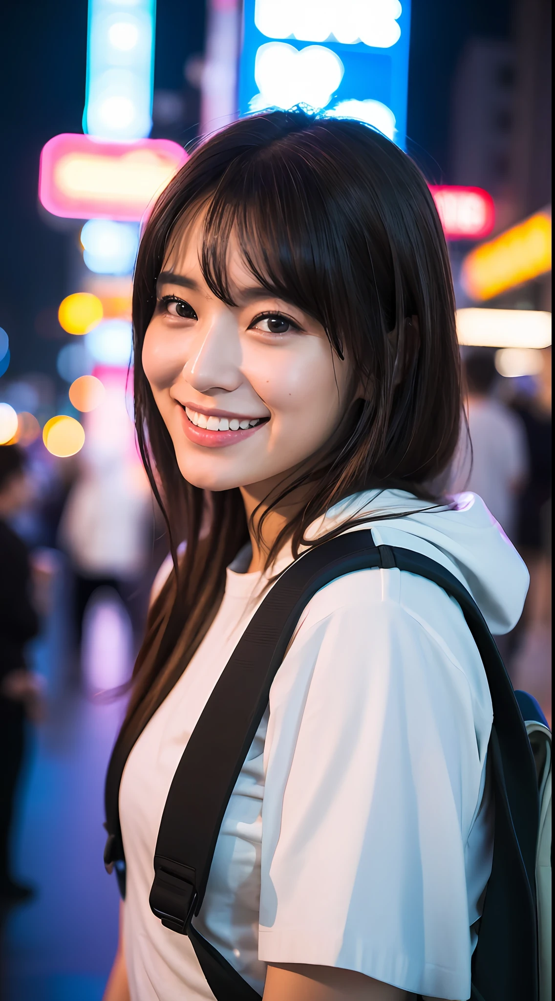 (8k, RAW Photos, Best Quality, High Resolution: 1.1), (Ultra Realistic: 1.4), (Realistic, Photorealistic: 1.3), Soft Light, Big Girl, Realistic Face, Realistic Body, Realistic Skin, Absurdity, Masterpiece, (Cute: 1.8), Cuties, Solo, (Large: 1.2), Detailed Black Eyes, Innocent Eyes, Cheeks, (T-Shirt: 1.2), Cinema Light, Film Grain, (((Rucksack: 1.1)), Cherry Colored Lips, Close-up, Look Viewer, Upper Body, Open Lips, Upper Teeth, (Smiling Eyes: 0.6), ((grinning: 1.2)), Depth of Field, Blurred Background, Eye Focus, Bokeh, Midnight, Shinjuku, Neon Sign, Cyberpunk, Rain, 85mm Lens, f/1.4, Professional Lighting, Young, Portrait, Photon mapping, radiosity, and physically based rendering