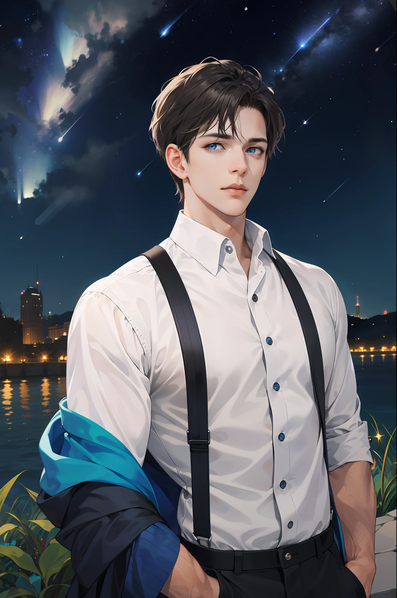 (absurd, high resolution, super detail), male alone, adult, (mature: 1.4, age: 1.4), tall man, broad shoulders, handsome, angular chin, thick neck, break, looking at the viewer, short black hair, blue eyes, white shirt fluttering in the wind, background is starry night sky, sparkling star fragments, natural light and shadow, shooting star, lots of light, depth of field, upper body, front,