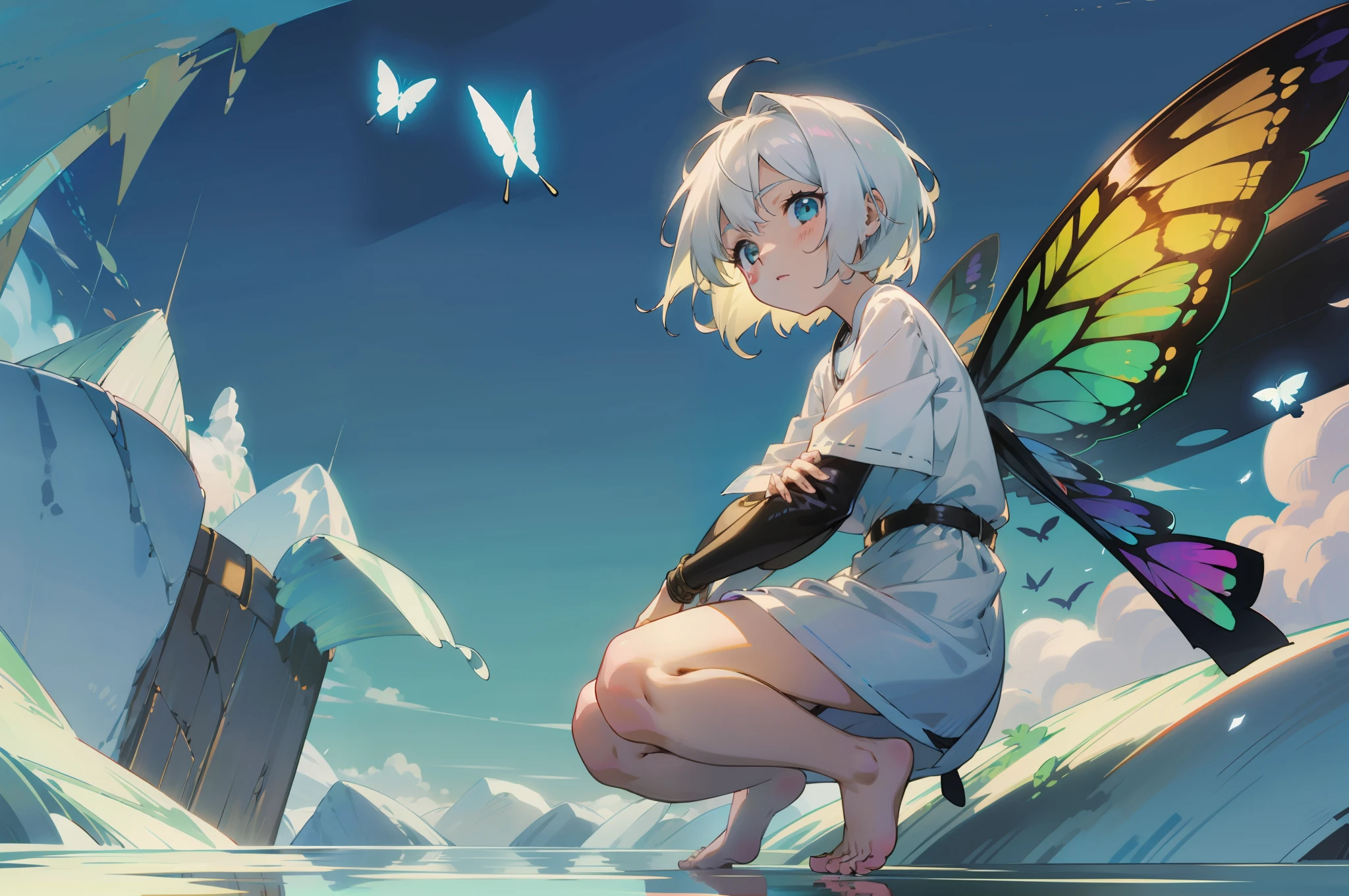 On the top of the iceberg, a white-haired barefoot and white-clothed little Shota with butterfly wings (short hair)