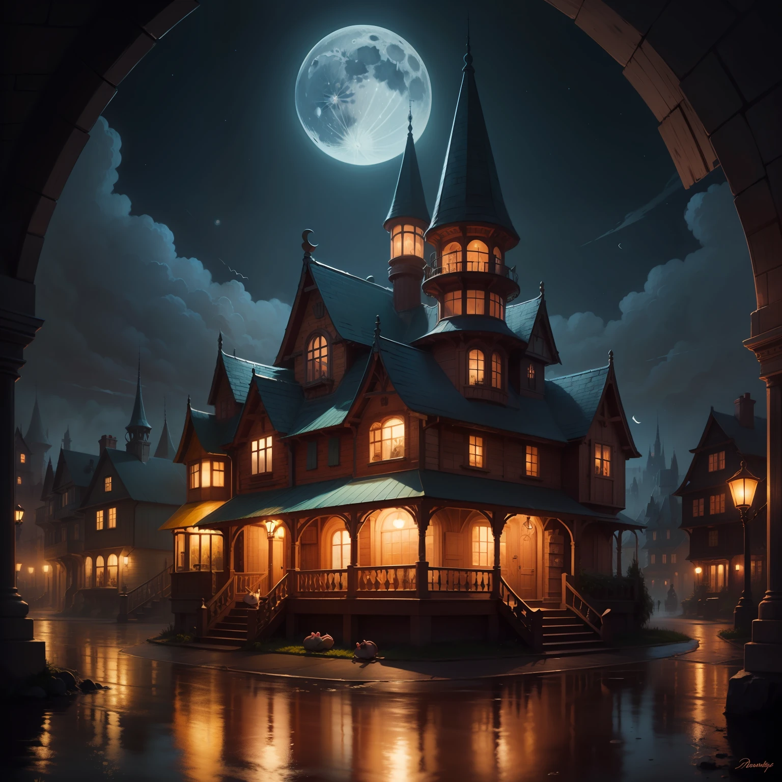 Drawing, colorful houses, magic city, various dancing mice, night, moon, fantasy, magical environment, cartoon, disney wall drawing, high definition, ultra detailed, sharp,