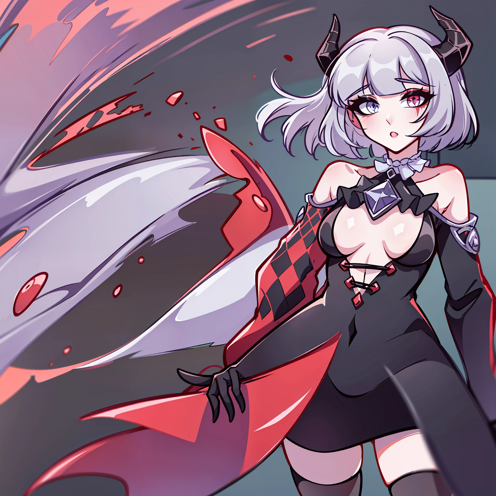 (Best quality: 1.0), (super high res: 1.0), extremely detailed character, detailed Hands, half-dragon girl, horns, scales on the neck, scales on the shoulders, scales on the forearm, scales on the cheek, woman with dragon's tail, extremely detailed hair, short hair, ((white hair)), ((black locks)), extremely detailed eyes, heterochromia, (heterochromia being the right eye white and the left being black), dragon eyes, 2d, anime art, teen, ((full body)), standing, medieval, Rpg