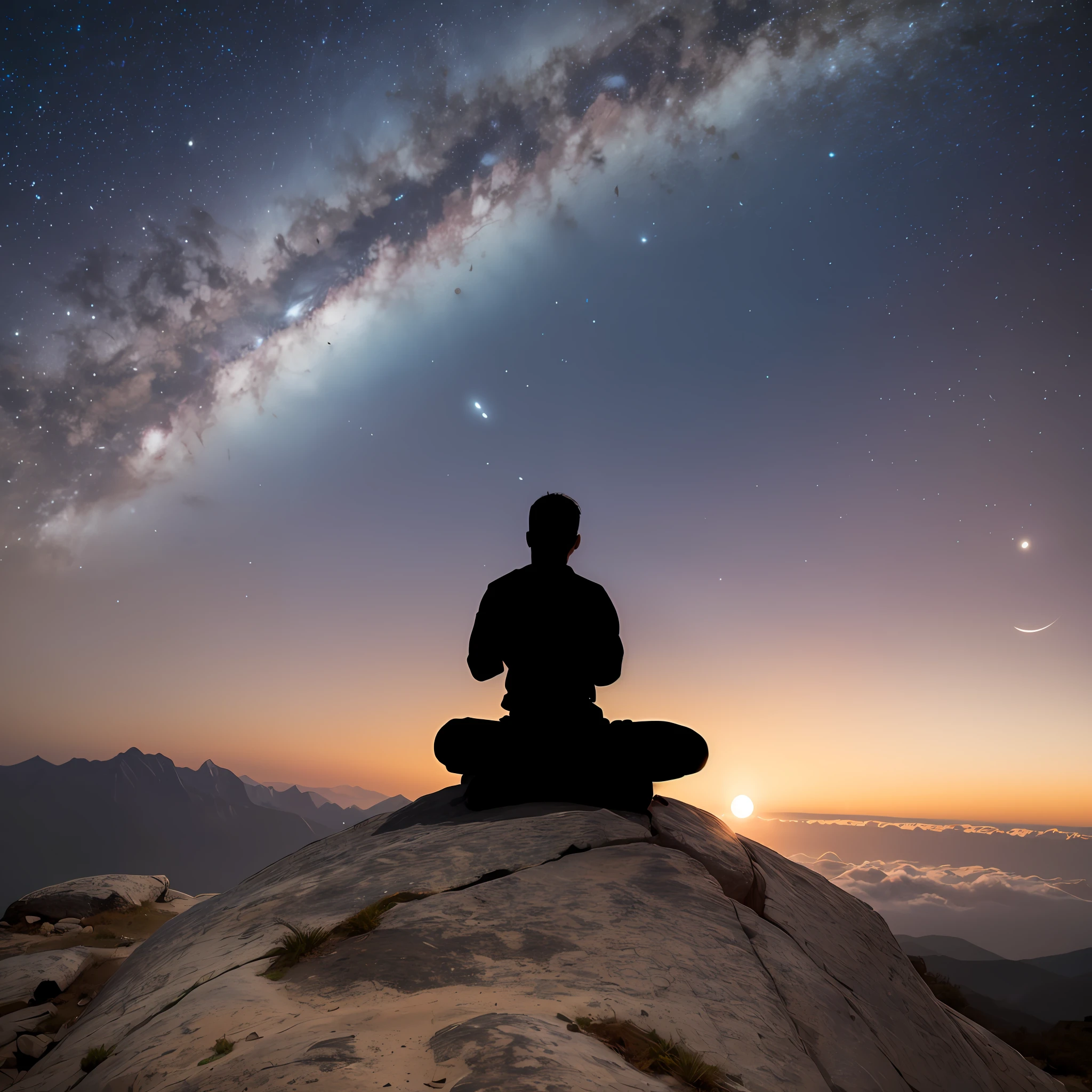 Realistic landscape of the silhouette of a person meditating on the top of a mountain under a starry sky with several planets --auto