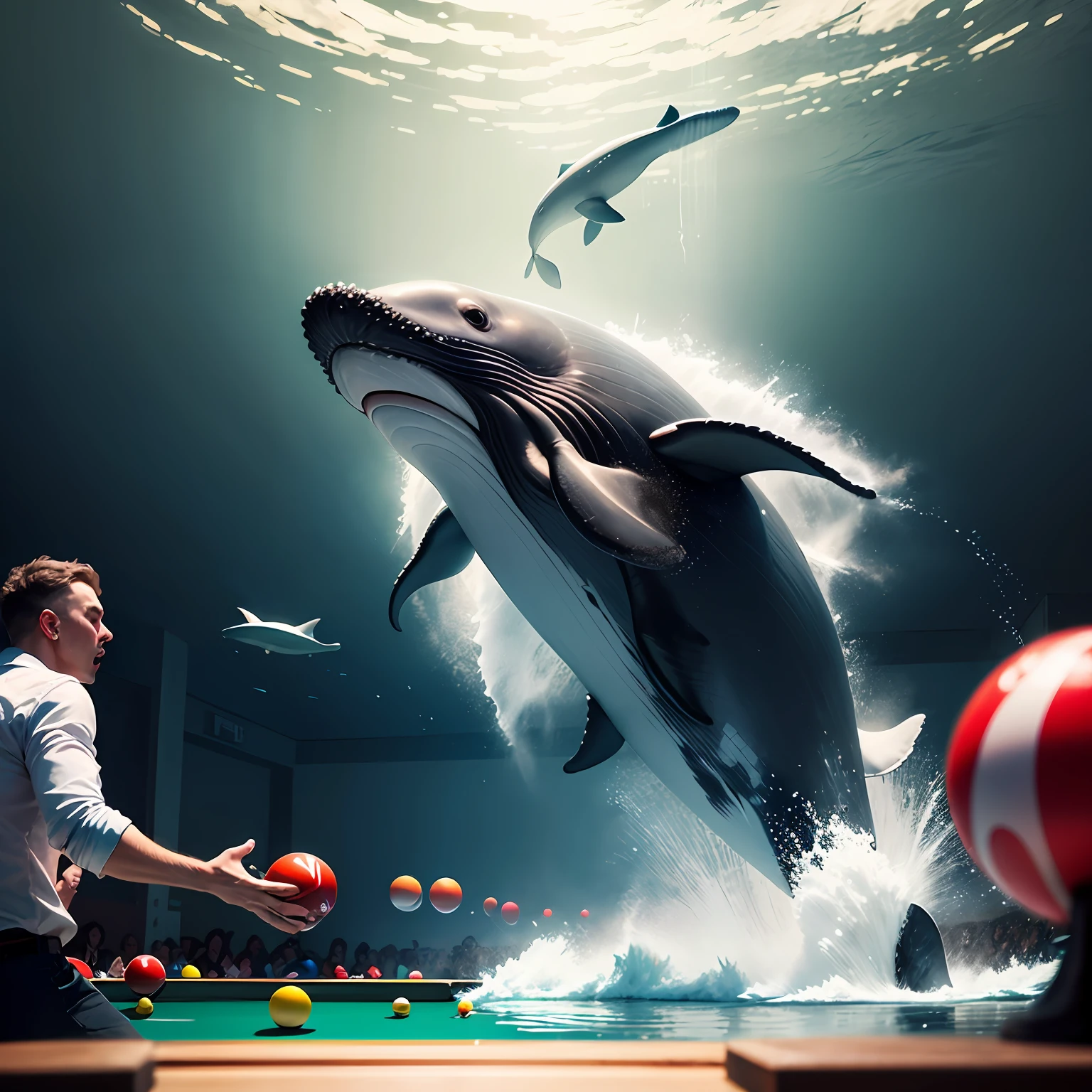 The whales are circling around the table, using their powerful jets of water to propel the snooker balls. It looks like an incredible spectacle, with the whales moving with gracefulness and astonishing precision. --auto