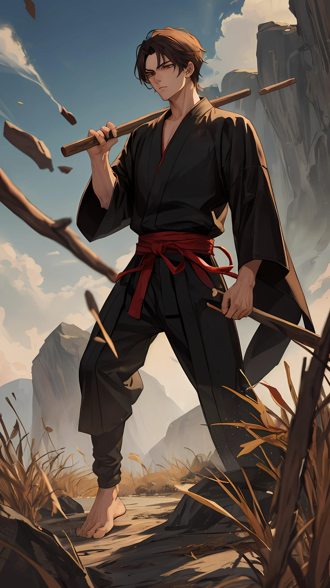Masterpiece, handsome and dashing male anime characters, best quality, watch audience, brunette hair, outdoors, black clothes, robes, wooden sticks, martial arts images
Black theme,