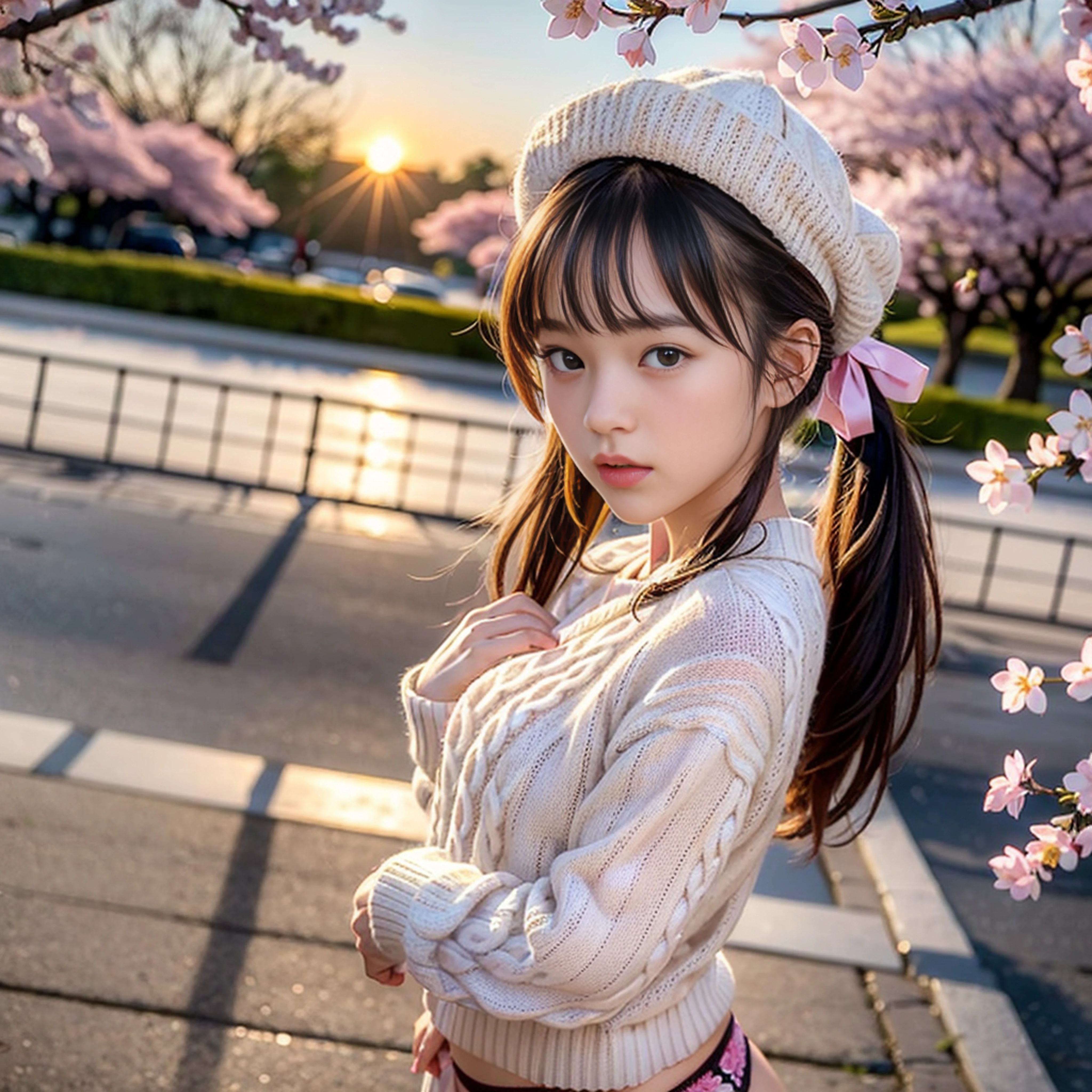 (((low angle))),((((showing me panties))))), thigh gap, ((photorealistic)),(Slim)),((AKB 48)),(Full body photo))), ((sunset in background))),((Cherry blossoms in the background)),(19 years old)),(Small bust))))), (Wearing a hat deeply))( Underneath only panties))), ((((Spring sweater)))), (((Photorealism: 6, Realistic)))), (sideways and turning around pose)),Perfect lower body shape,((Upside ponytail)),(Ribbon),(Has scrunchies on wrists)),Hair ornaments, small waist