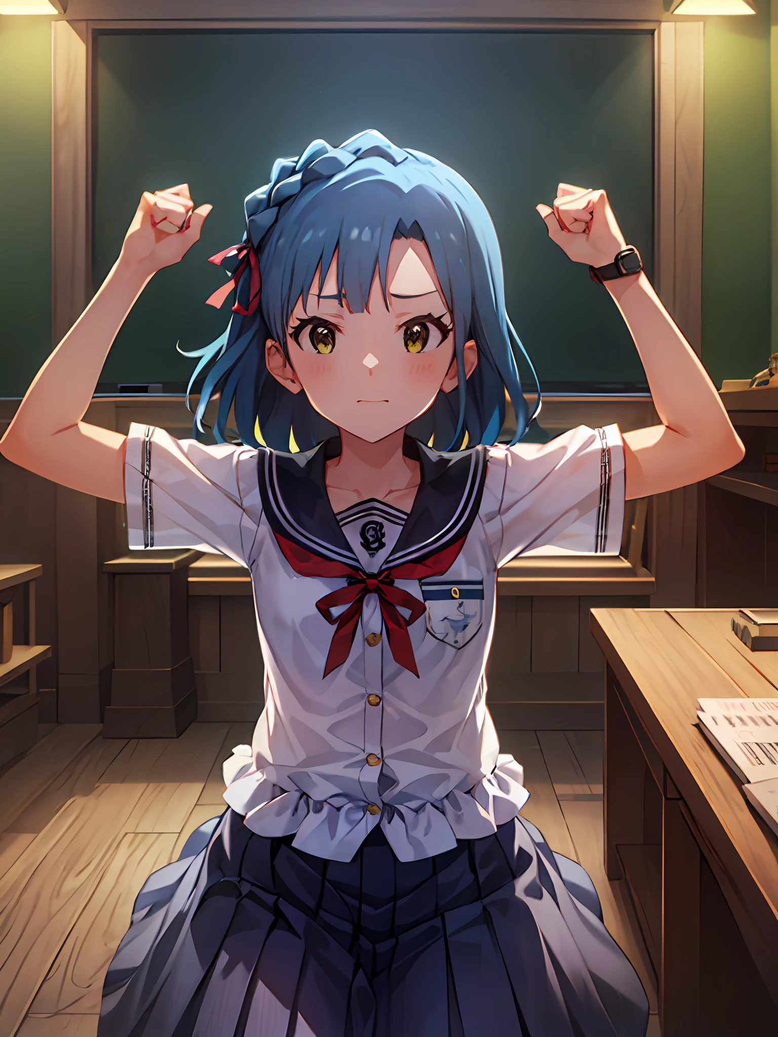 Yuriko Nanao (Million Live), (Top Quality, 8K, Masterpiece, Super Detail: 1.2), Cinematic Angle, Wide Shot, 1 Girl, Solo, Skirt, Watch Viewer, Sailor Color, Pleated Skirt, Short Sleeve, School Uniform, Blush, Seraphuk, Clavicle, Ribbon, Upper Body, Adjusted Hair, Wind, Floating Hair, Spread Your Arms, Chest Out, Despair.Night.Clench Your Fists.Sit.Small breasts.