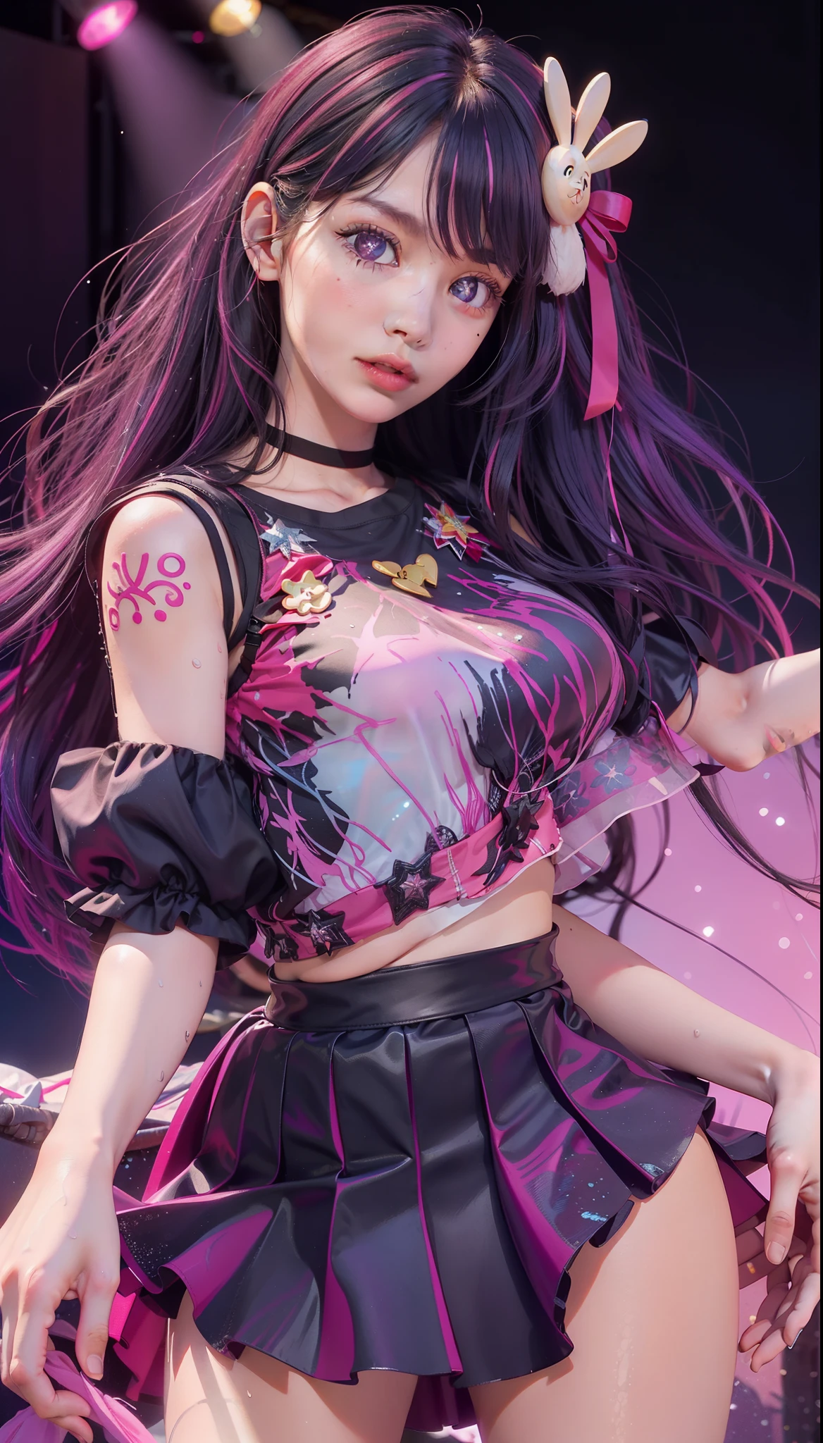 1girl, solo, Hoshino Ai, long hair, purple hair, streaked hair ,purple eyes, star-shaped pupils, hair ornament, pink theme, stage lights, pink dress, no shadow facial, no bra, narrowed eyes, wet clothes, glowing eyes, see-through skirt,
(8k, RAW photo, best quality, masterpiece:1.2), (realistic, photo-realistic:1.37), quality, masterpiece, (photorealistic:1.4),