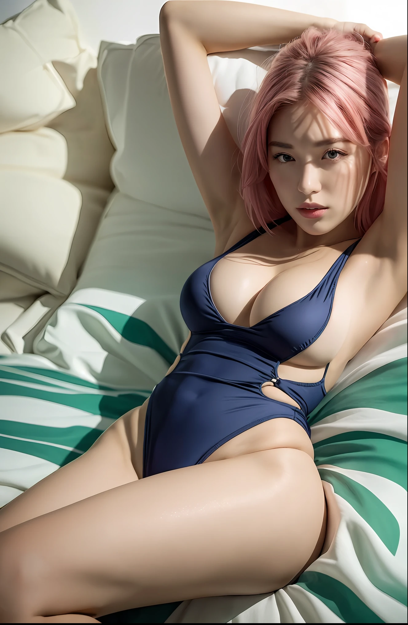 (8k, best quality, masterpiece: 1.2), (best quality: 1.0), ultra high resolution: 1.0, very detailed, rendered, 4k, ridiculous, HDR, looking at the viewer,
Lying on the bed, one arm up, armpits, mer1, short hair, long pink hair, y, white swimsuit, torn swimsuit: 1.3, lips, parted lips, closed mouth, large breedium fullness, thighs,