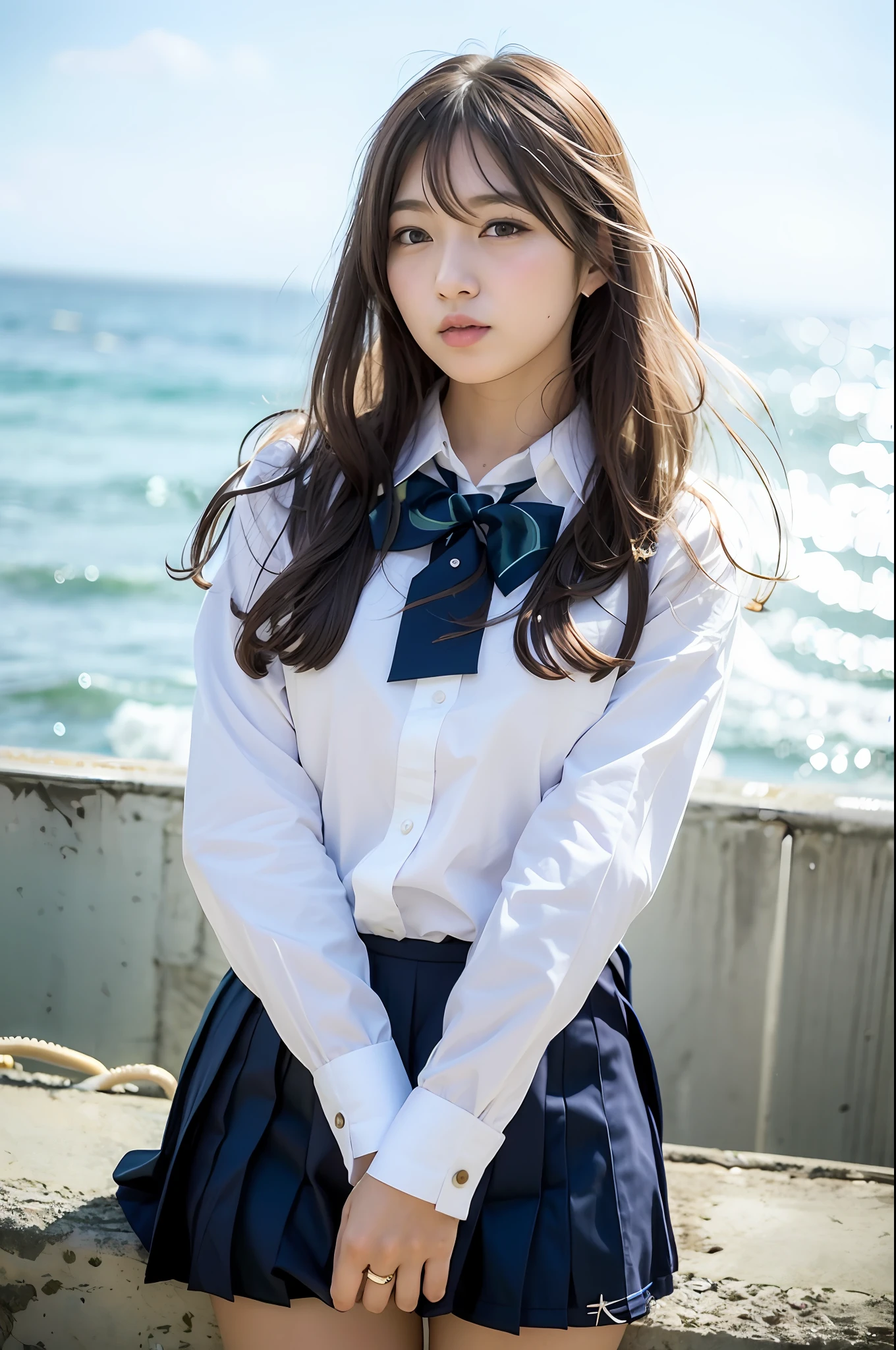 there is a woman in a school uniform posing for a picture, seifuku, loose coat collar sailor uniform, japanese girl school uniform, japanese school uniform, ulzzang, jk uniform, sailor uniform, sakimichan, wearing school uniform, wearing japanese school uniform, school girl, kantai collection style, jaeyeon nam, wearing a school uniform