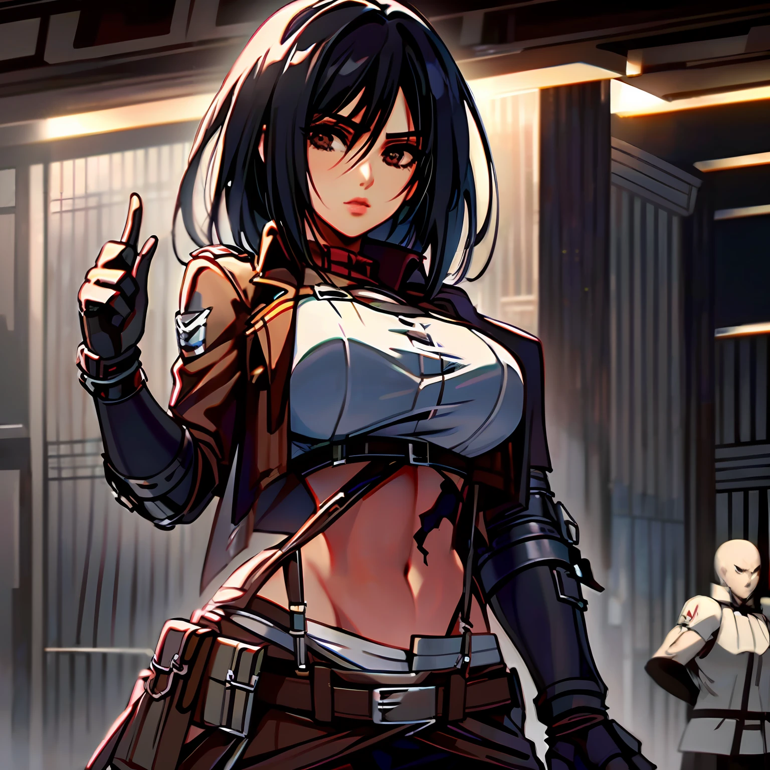 Anime image of a woman with long black hair and a brown jacket, Mikasa Ackerman, from Attack on Titan, in Attack on Titan, (anime Attack on Titans), female anime character, anime character, Shingeki no Kyojin, handsome, (masterpiece: 1.2), (best quality: 1.2), (perfect eyes: 1.1), (perfect face: 1.1), (sad god, perfect lighting, 1girl, mature woman,  Beautiful face, black hair, black skirt, breasts, crop top, combat pose, elbow gloves, elbows, jewelry, large breasts, huge breasts, lips, long hair, long hair of low tie, midriff, enamel, defined belly, tanquinho, navel, on the back, broken lips, black eyes, skirt, solo, suspenders, (regatta), tense clothes, tense shirt, tifa lockhart --seed 2291259711