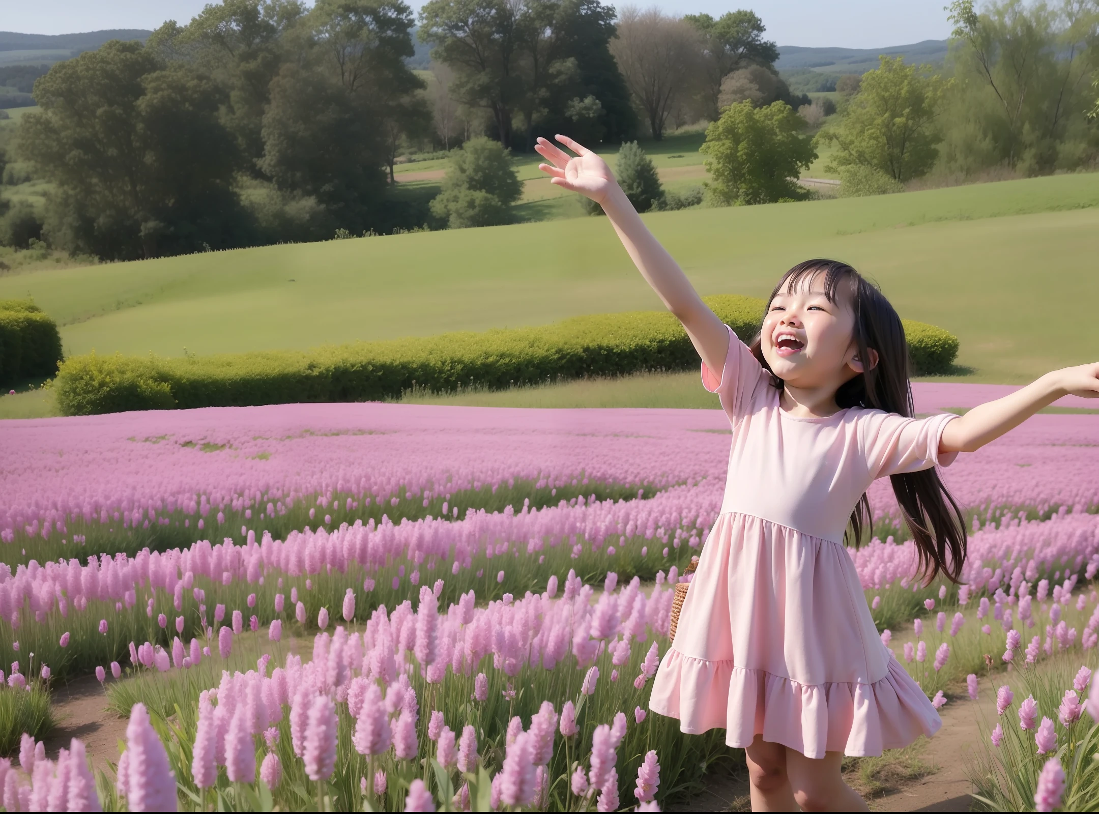 Sea of flowers, flower field, vista, basket sky, morning, tree, beautiful cute picking flowers, dancing