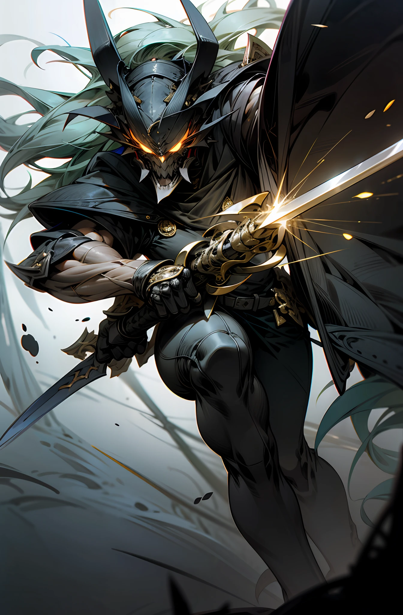 The image depicts a powerful and imposing berserker warrior, cloaked in a dark mantle that blends with the surrounding shadows. His muscular and robust body bears marks and scars from countless battles, indicating his resilience and combat experience.
The warrior's eyes shimmer with an intense red glow, emitting a sinister and menacing aura. His facial expression is determined and unyielding, conveying a sense of power and fearlessness.
He wields a formidable weapon, such as a broadsword or a two-handed axe, adorned with intricate and dark designs. The blade of the weapon is as black as the night and seems infused with shadowy powers, emanating an eerie and malevolent energy.
The warrior is positioned in a somber and atmospheric setting, perhaps a macabre landscape with twisted trees and dense fog. The faint light that penetrates through the shadows enhances his powerful figure and creates a dramatic contrast.
The visual quality of the image is highly detailed, with meticulous attention to the armor, weapon, and facial features of the berserker warrior. Every texture and shadow is rendered masterfully, creating an atmosphere reminiscent of the dark and challenging characters from the Dark Souls series.
This image captures the essence of a powerful berserker warrior with shadow powers, evoking the sensation of an epic journey in an unforgiving world filled with dangers.
