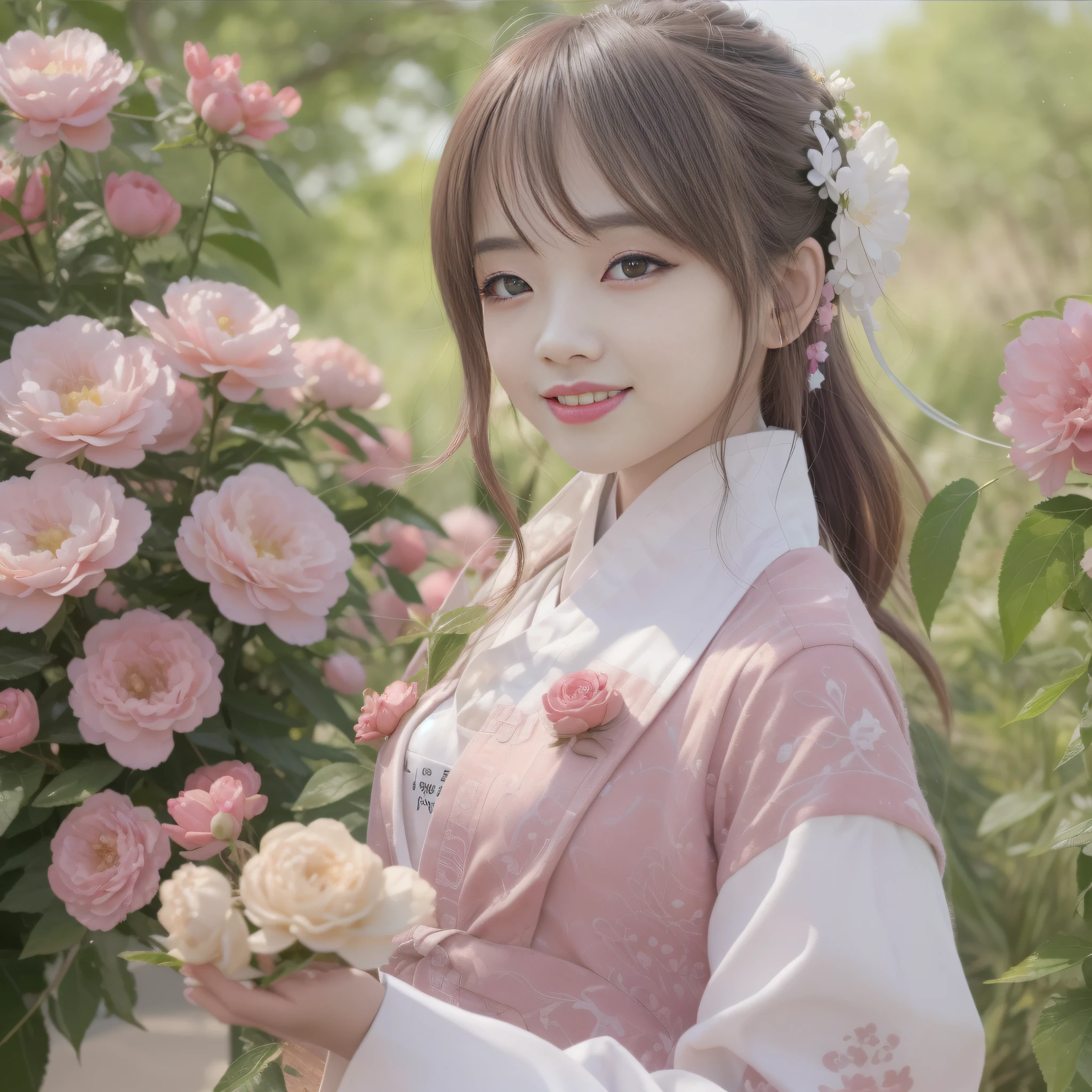 Extremely detailed CG Unity 8k wallpaper, best lighting, super detail, best quality, high resolution, ethnic style girl, soft light, beautiful hair, pink and white hanfu costume, open space, white silk, bright colors, smile, peony flowers as background