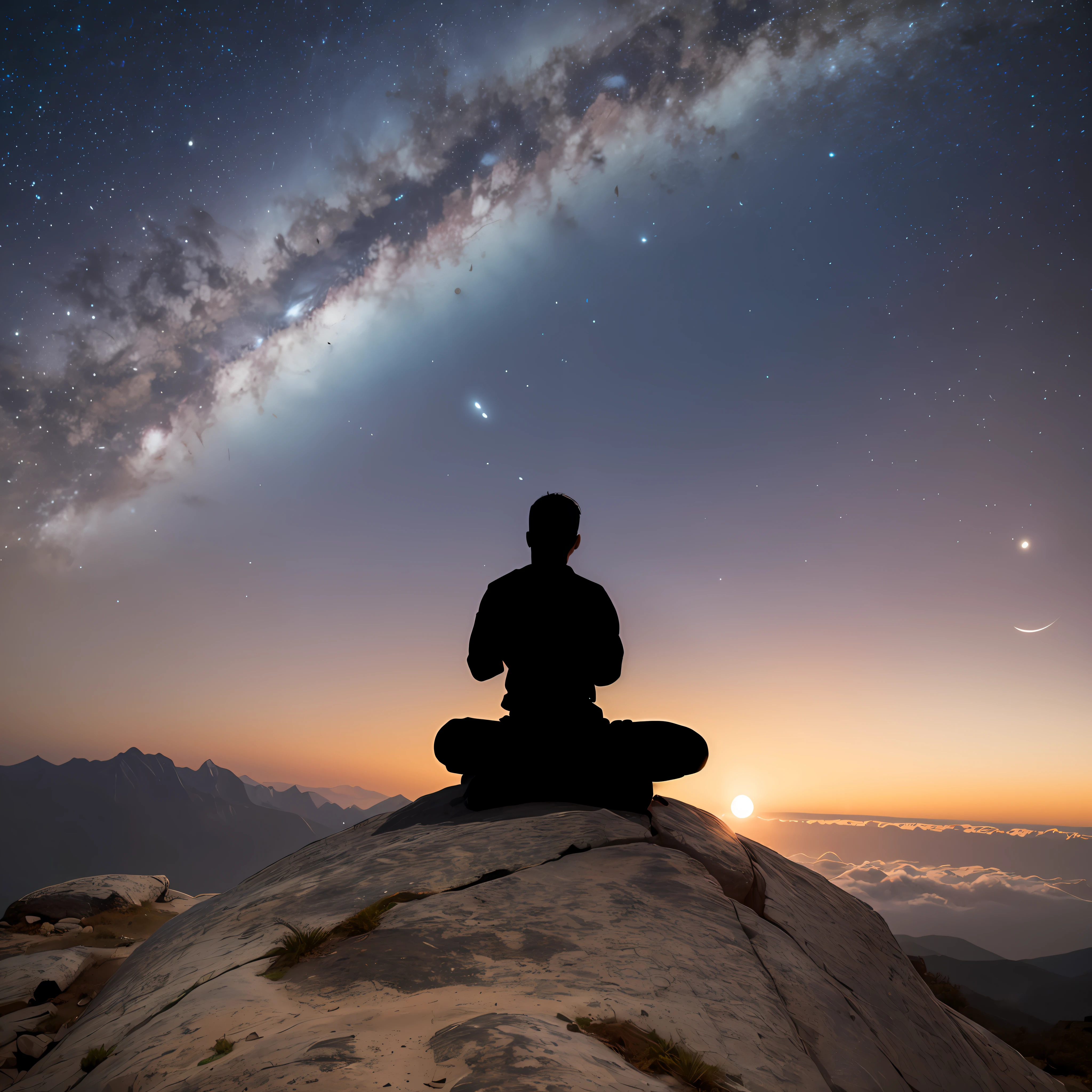 Realistic landscape of the silhouette of a person meditating on the top of a mountain under a starry sky with several planets --auto