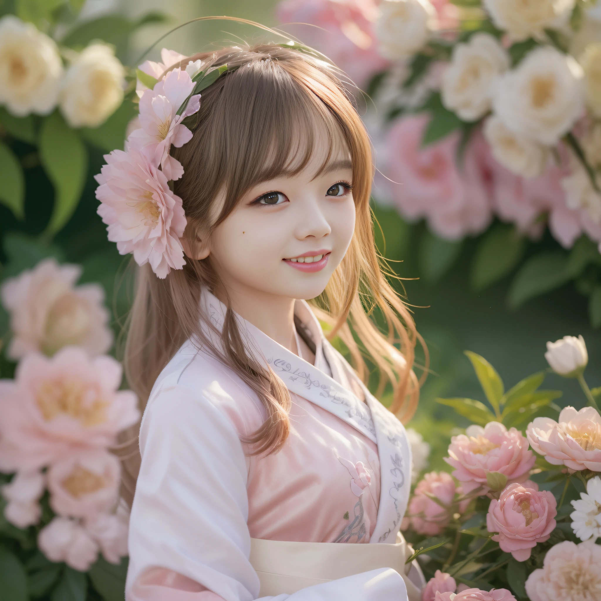 Extremely detailed CG Unity 8k wallpaper, best lighting, super detail, best quality, high resolution, ethnic style girl, soft light, beautiful hair, pink and white hanfu costume, open space, white silk, bright colors, smile, peony flowers as background