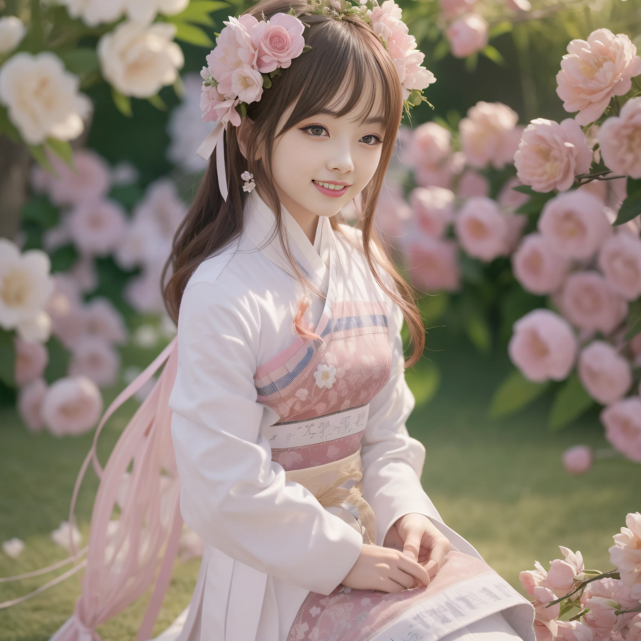 Extremely detailed CG Unity 8k wallpaper, best lighting, super detail, best quality, high resolution, ethnic style girl, soft light, beautiful hair, pink and white hanfu costume, open space, white silk, bright colors, smile, peony flowers as background