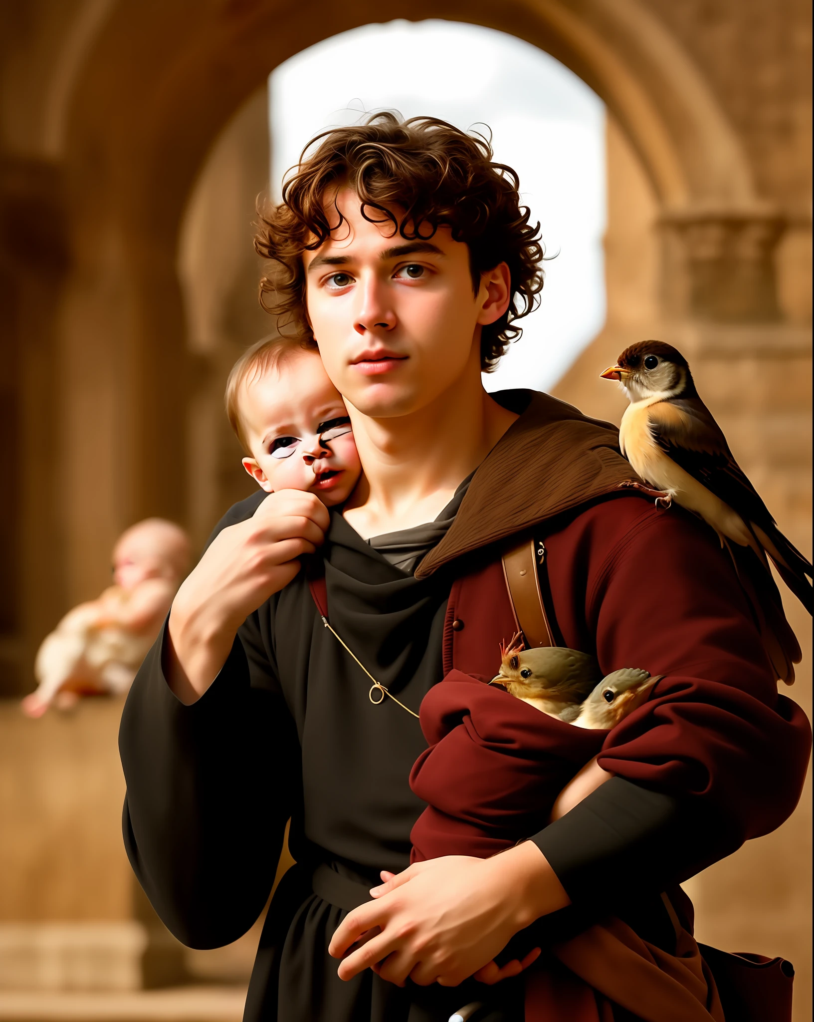 Create ultra-realistic images of a young medieval man with a very bird in his hand, and others without the bird