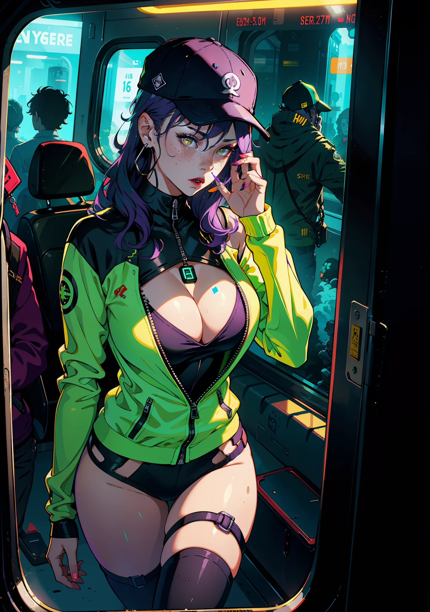 1girl, lush big breasts, cleavage, solo, colorful, yellow eyes, cyberpunk, modern, piercing, futuristic, magic, car, train, city, peace sign, earrings, purple hair, neon lights, highlights, reflection, srektr, freckles, prosthesis, mechanics, neon, beautiful lighting, purple reflection, cap, smoking, character focus, cg illustration, bust shot, yellow and black outfit, black hair, cannabis, smoke, euphoria, energy