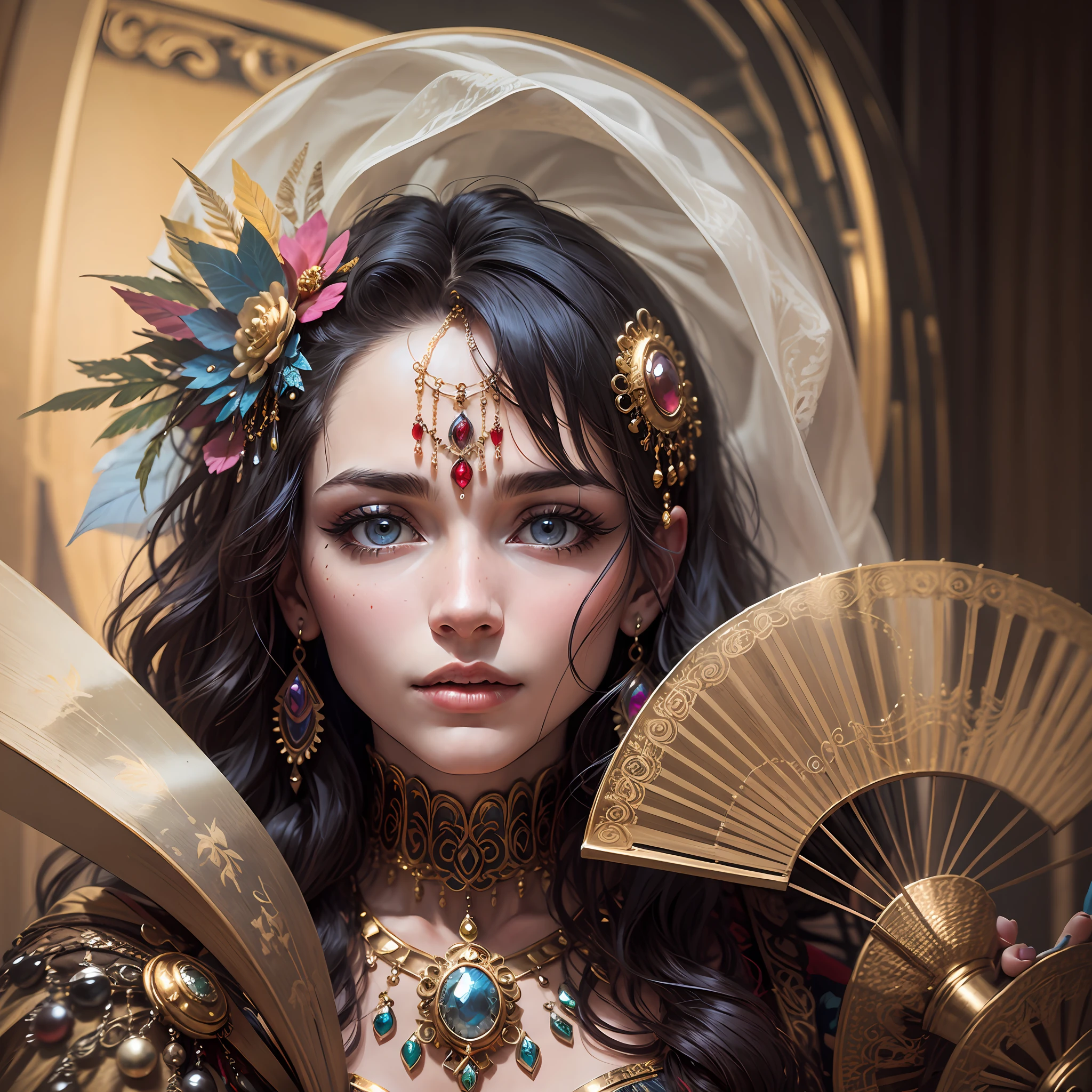 realistic woman dressed as a gypsy. With several jewels on the head. Dressed in colorful dress. Holding a fan. His expression is one of mystery. --auto --s2