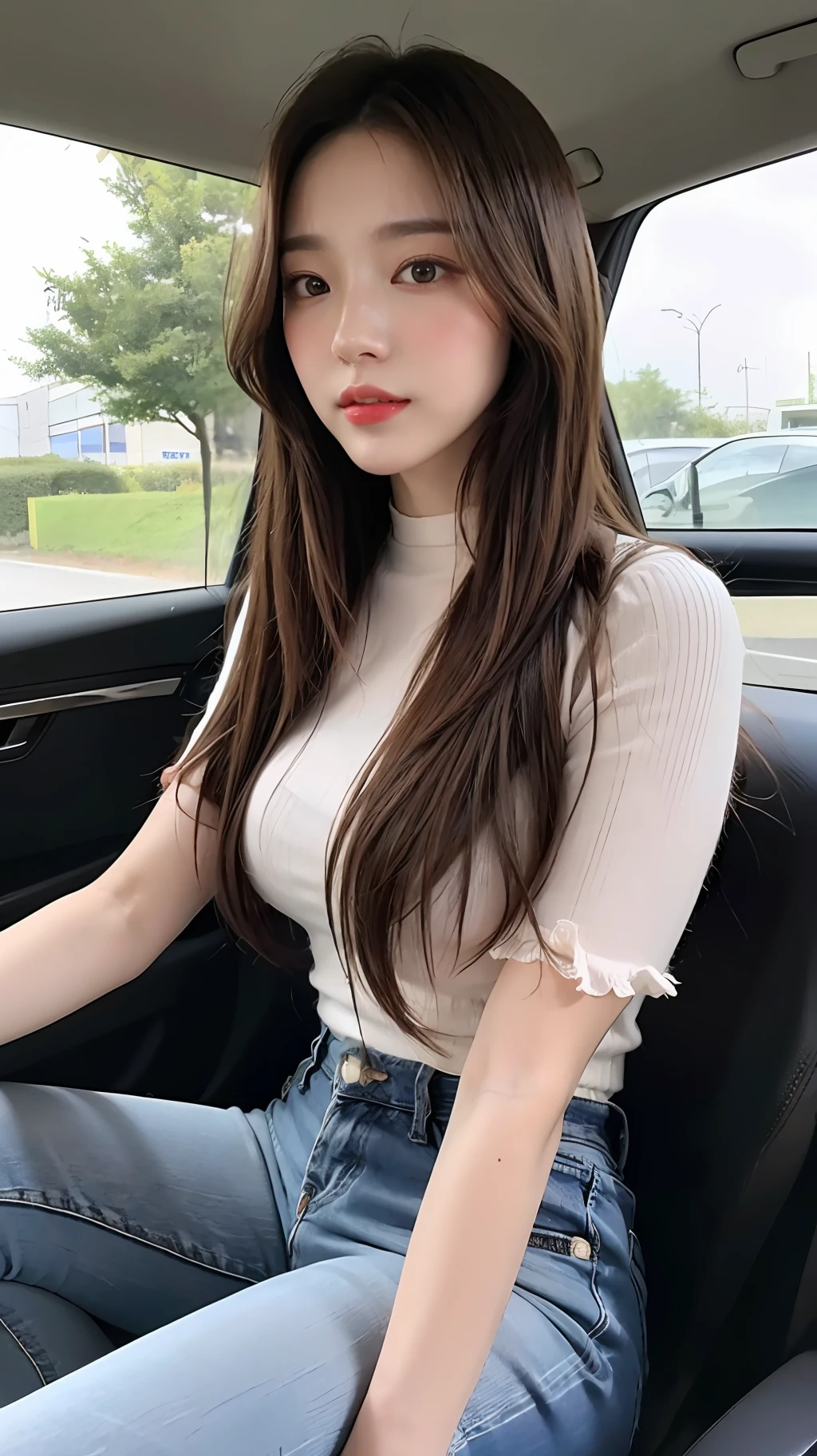 A beautiful girl about 20 years old, brown hair, delicate facial features, peerless beauty, wearing a pink and white French high-waisted top, wearing blue jeans, sitting in the car, full body photo