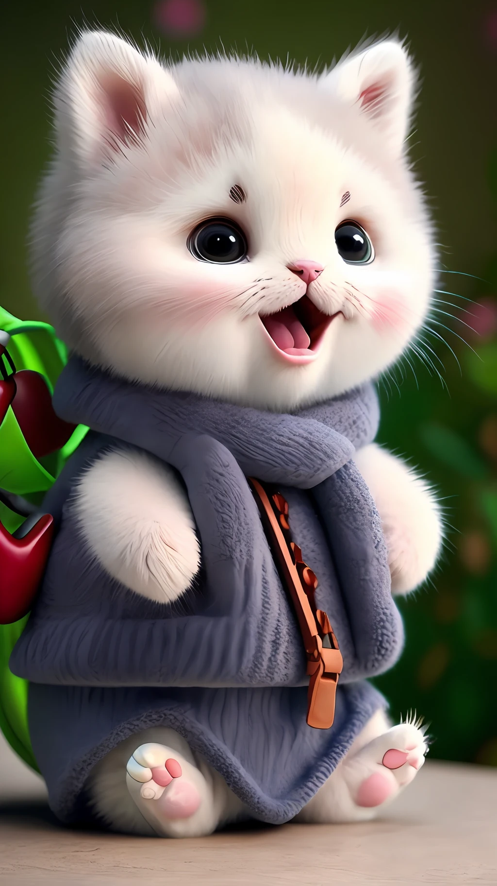 Kitten, realistic, furry animal, blush, cherry, funny, open mouth, laugh, Morandi color