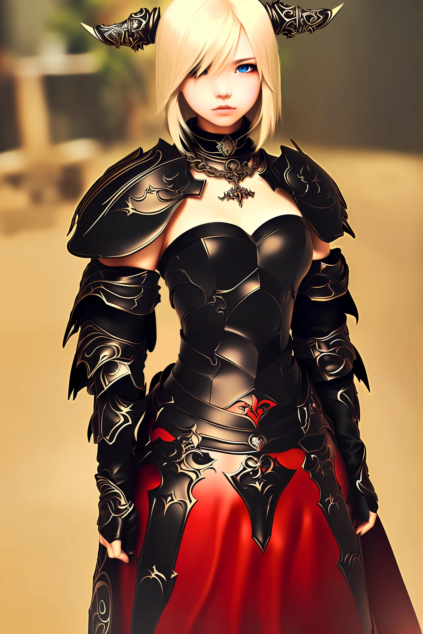anime girl, blonde hair, wearing a choker, black medieval armor, and red eyes, beautiful