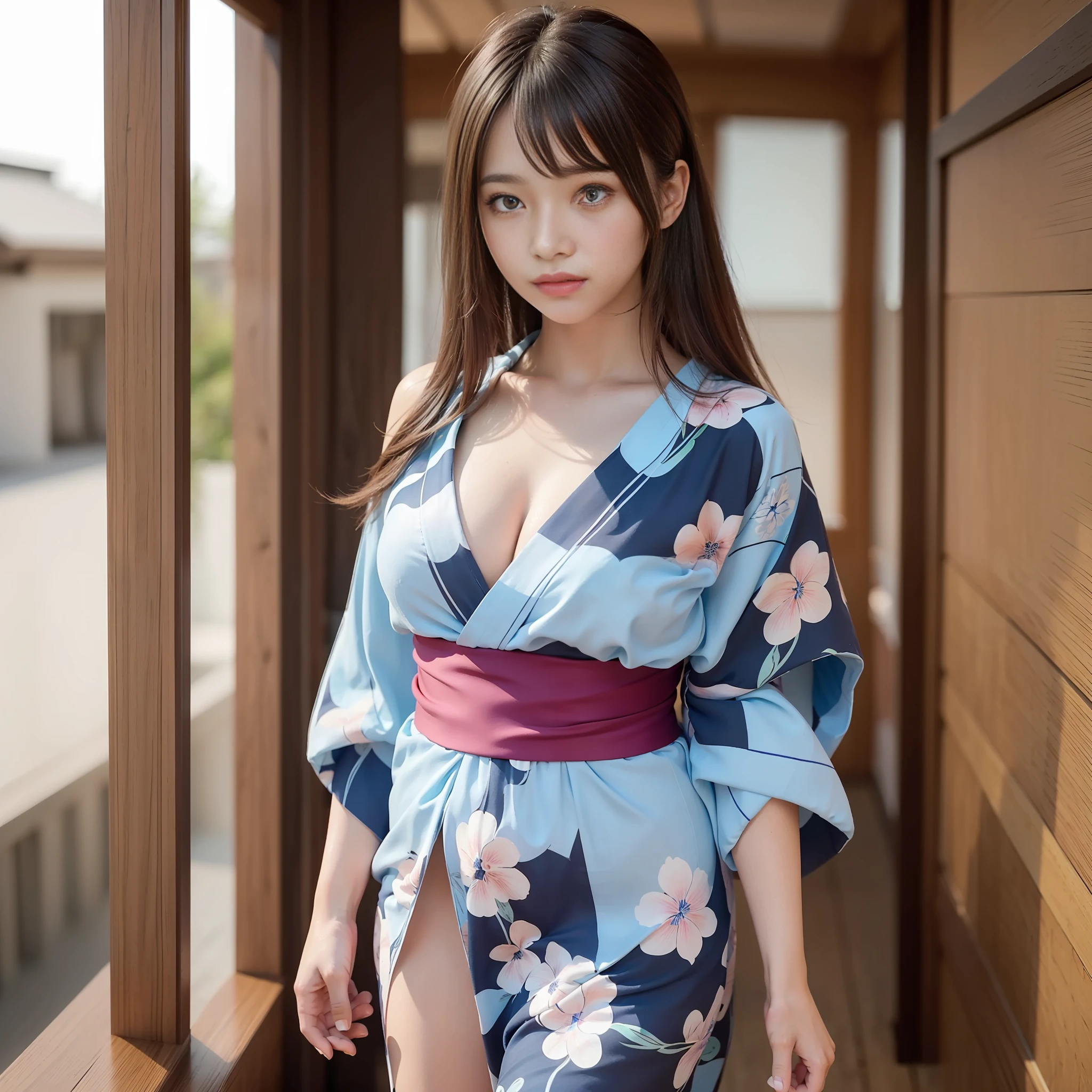 ((Masterpiece, highest quality, ultra definition, high definition))), ((Realistic 3D)),Solo, Beautiful Girl, Shining Eyes, Perfect Eyes, 16 Years Old, Blue Theme, (((disheveled yukata))), ((Shoulders and chest exposed)),((No underwear)),Fireworks ((Untied yukata obi)),((Thighs are visible))