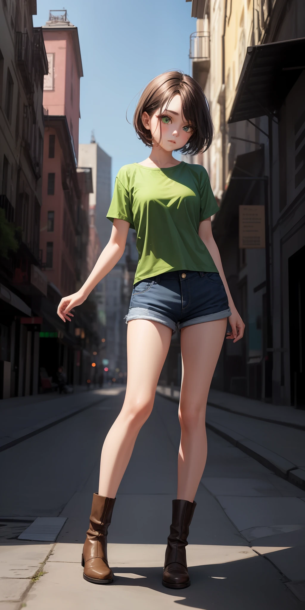 1girl, green eyes, full body, short height, city as a background, small breast, very short brown hair, white skin, green shirt, shorts, Boots, long eyelashes, eyeshadow, small face, big eyes