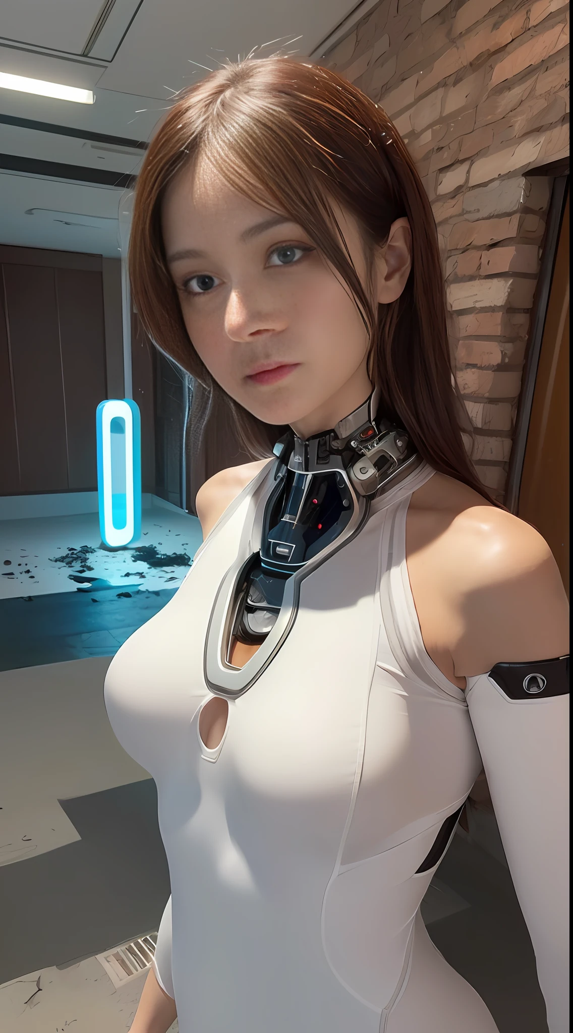 ((best quality)), ((masterpiece)), ((realistic)), (detailed), (photorealistic:1.5), a futuristic girl, (thick body), (white bodysuit), lights on armor, cybernetic headwear, looking at viewer, dynamic pose, post apocalyptic, destroyed city background, buildings on fire, science fiction, hdr, ray tracing, nvidia rtx, super-resolution, unreal 5, subsurface scattering, pbr texturing, post-processing, anisotropic filtering, depth of field, maximum clarity and sharpness, rule of thirds, 8k raw, (luminescent particles:1.4), (extremely detailed cg, unity 8k wallpaper, 3d, cinematic lighting, lens flare), reflections, sharp focus, cyberpunk art, cyberpunk architecture,