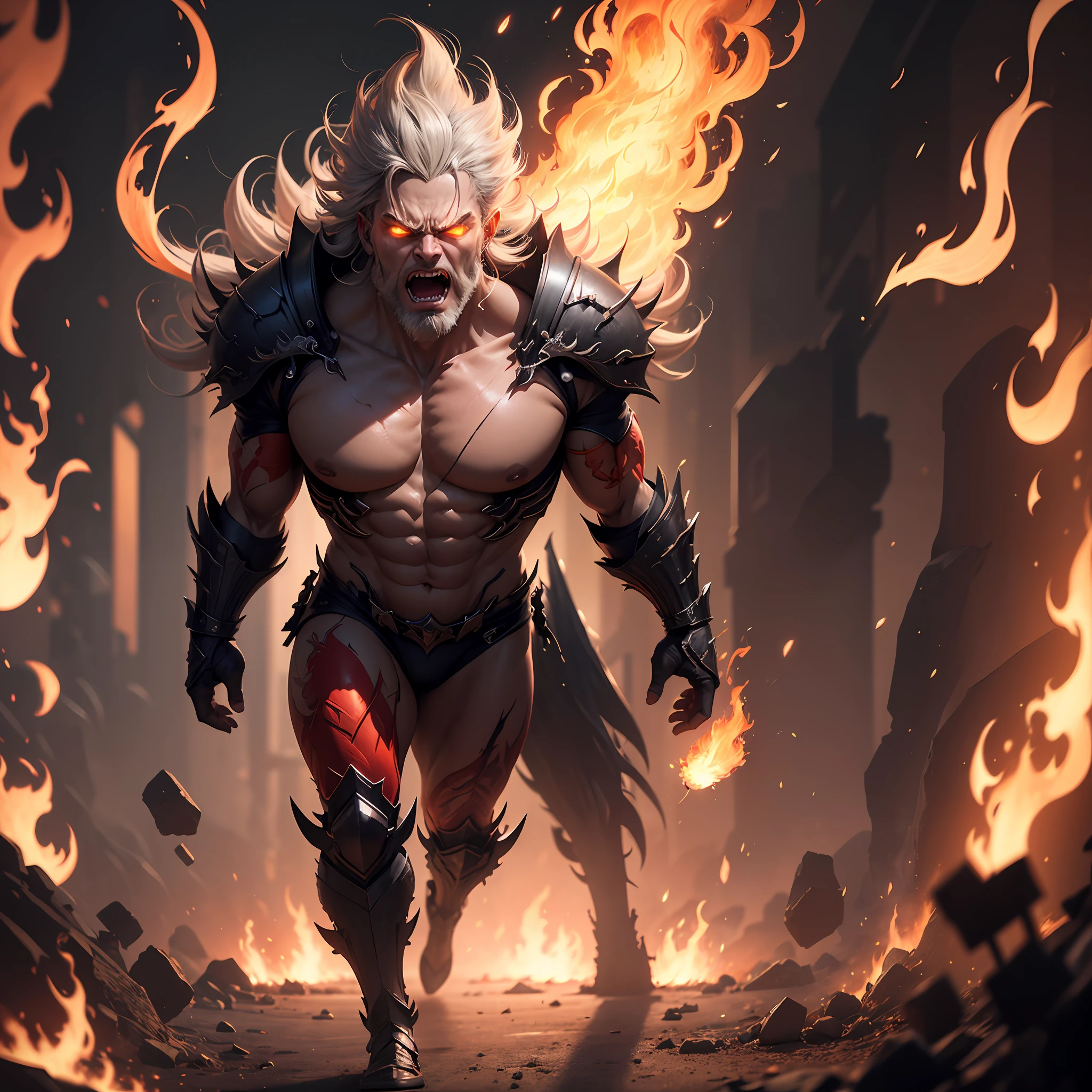 The tall and angry King God, the young angry ghost god, angry eyes, showing fangs, hair upside down like flames, full of fire, big flames, huge body, stepping on two villains, a man and a woman. Full Body Fire, Bursting Fire, Full of Fire, (Masterpiece), Best Quality, Ultra High Resolution, Close-up, Colorful Firelight, Photon Mapping, Light Energy Transfer, Physically Based Rendering, Film Lighting, Complex, High Detail, Sharp Focus, Dramatic, Realistic --auto