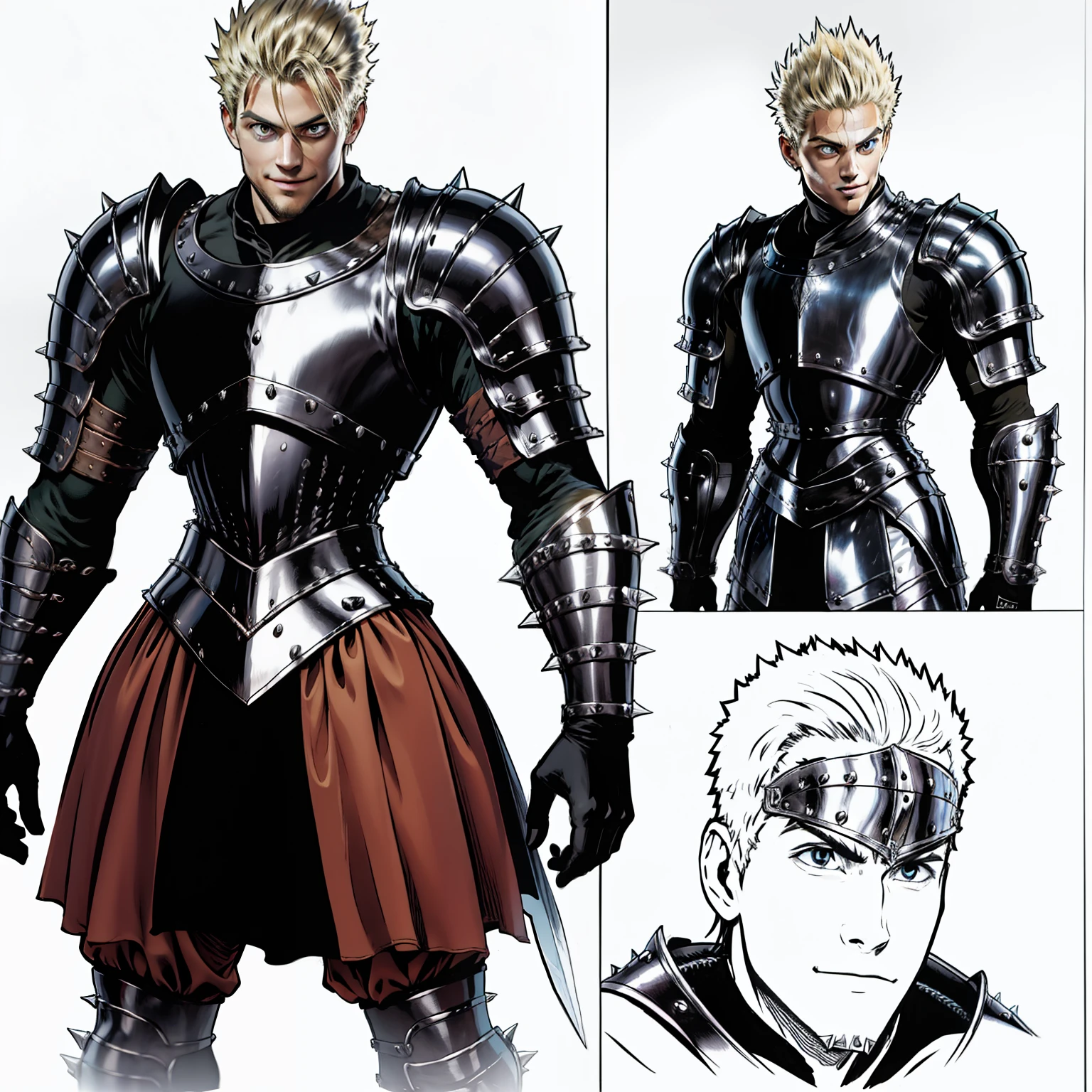 20 year old man,handsome,spiky blonde hair,smiling expression,medieval armor,big and legendary sword,armor pants,knight,detailed,T pose,reference sheet