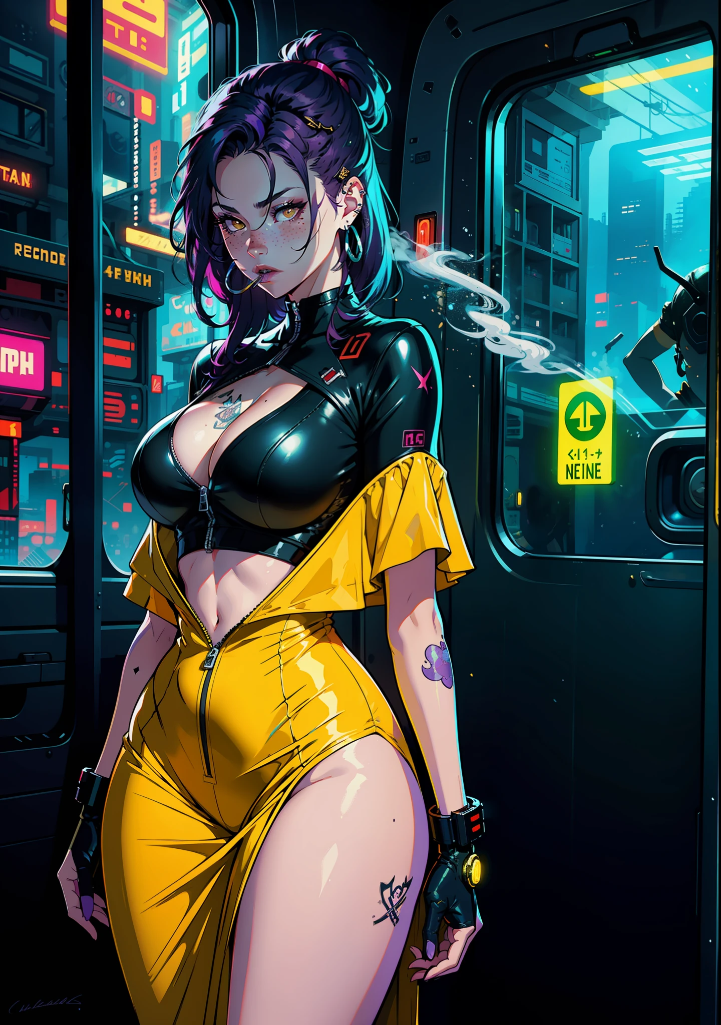 1girl, curvy body, big breasts, décolleté, solo, colorful, yellow eyes, cyberpunk, modern, piercing, futuristic, magic, car, train, city, peace sign, earrings, purple hair, neon lights, highlights, reflection, rectr, freckles, prosthesis, mechanics, neon, beautiful lighting, purple reflection, cap, smoking, character focus, cg illustration, bust shot, yellow and black outfit, black hair, cannabis, smoke, euphoria, energy