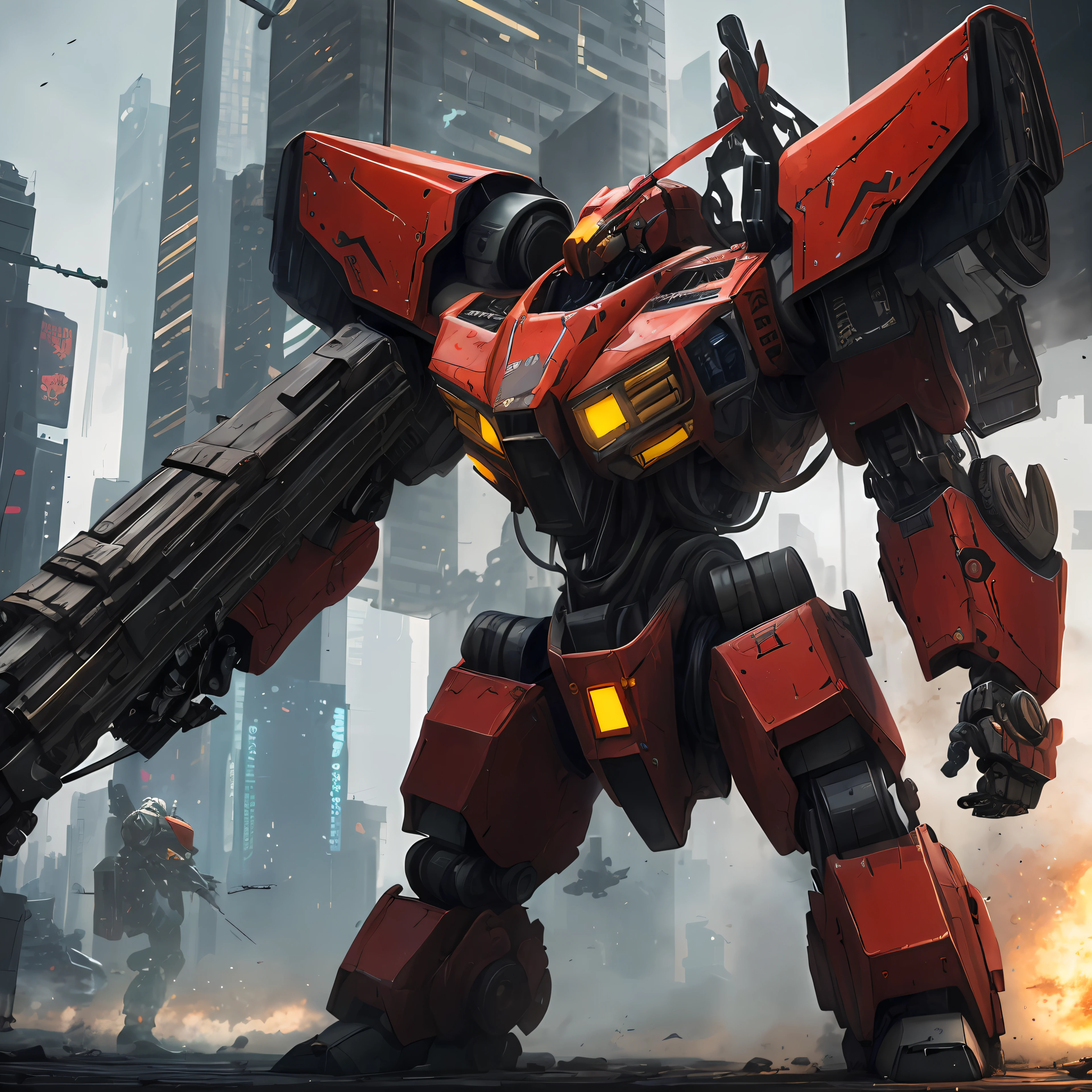 a close up of a robot with a gun in a city, red mech, full body red mech, mech concept art, battlemech, giant mech, comic book style battlemech, battle mech, an anime large mecha robot, alexandre ferra mecha, full body mech, wojtek fus, mecha art, giant robot mech, mech robot futuristic