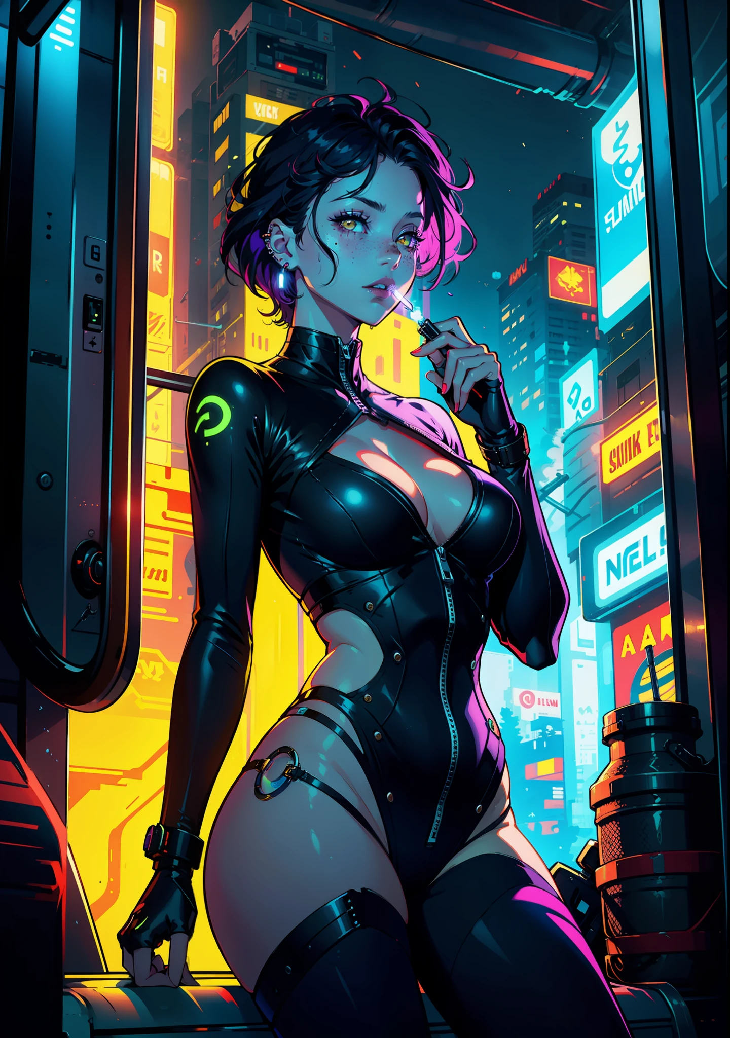 1girl, curvy body, big breasts, décolleté, solo, colorful, yellow eyes, cyberpunk, modern, piercing, futuristic, magic, car, train, city, peace sign, earrings, purple hair, neon lights, highlights, reflection, rectr, freckles, prosthesis, mechanics, neon, beautiful lighting, purple reflection, cap, smoking, character focus, cg illustration, bust shot, yellow and black outfit, black hair, cannabis, smoke, euphoria, energy