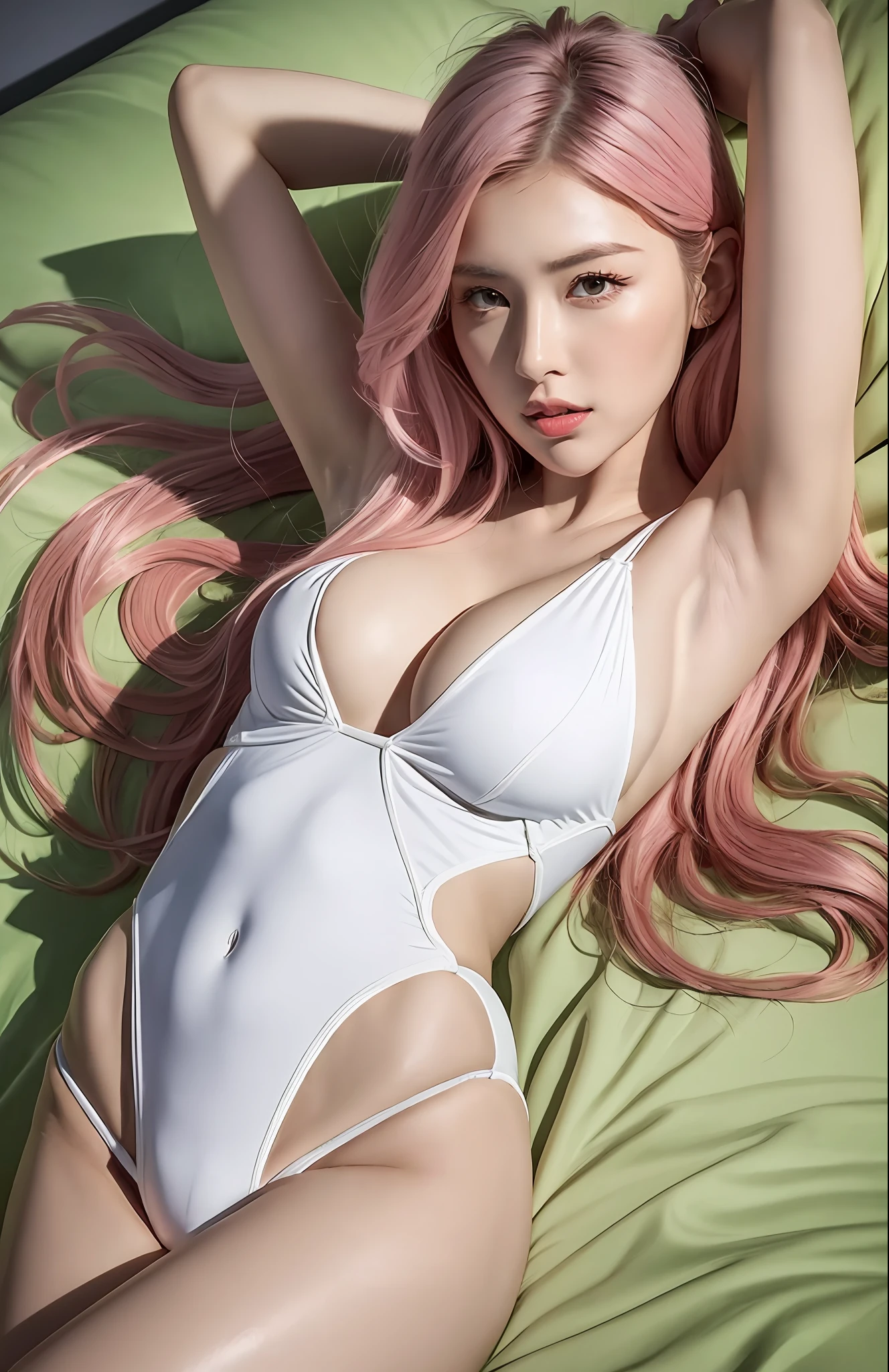 (8k, best quality, masterpiece: 1.2), (best quality: 1.0), ultra high resolution: 1.0, very detailed, rendered, 4k, ridiculous, HDR, looking at the viewer,
Lying on bed, one arm up, armpits, mer1, long pink hair, sexy, white swimsuit, torn swimsuit: 1.6, crimson lips, parted lips, closed mouth, large breasts, medium fullness, thighs,