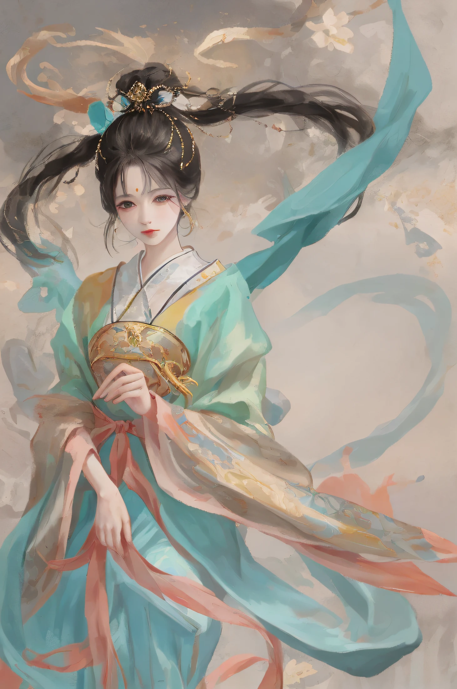 An ancient Chinese beauty sitting on a stone, wearing ancient Chinese clothing, flowing tulle, light silk, lazy posture, large lotus leaf, lotus, ink painting style, clean color, decisive cutting, blank, freehand, masterpiece, super detailed, epic composition, high quality, the highest quality, 4k --v 6