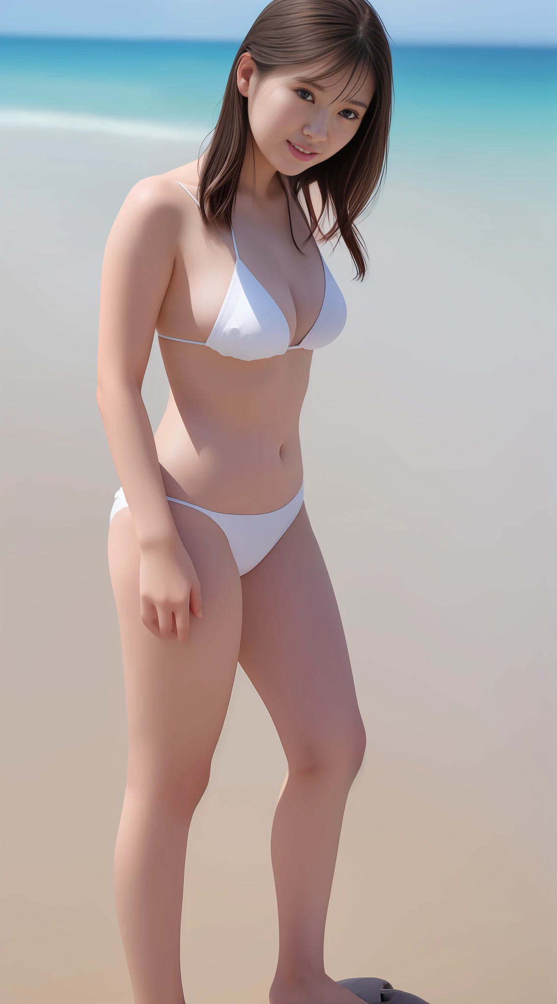 Top Quality, Masterpiece, High Resolution, Photorealistic, Ultra Realistic, Santindale Effect, Photorealistic, (High Detail Skin:), 8K UHD, DSLR, Soft Lighting, High Quality, Volumetric Lighting, Candid Photography, High Resolution, 4K, 8K, Bokeh, Ultra Real 8K CG, Full Body Photo, There is a woman in a white micro bikini standing on the beach, lifelike micro bikini, fully symmetrical micro bikini, photorealistic perfect body, big, bikini model, white micro bikini, knotless bikini, beautiful asian girl, gravure model, Clothing: Micro bikini, Sexy girl, Beautiful model girl, perfect body, micro bikini --auto