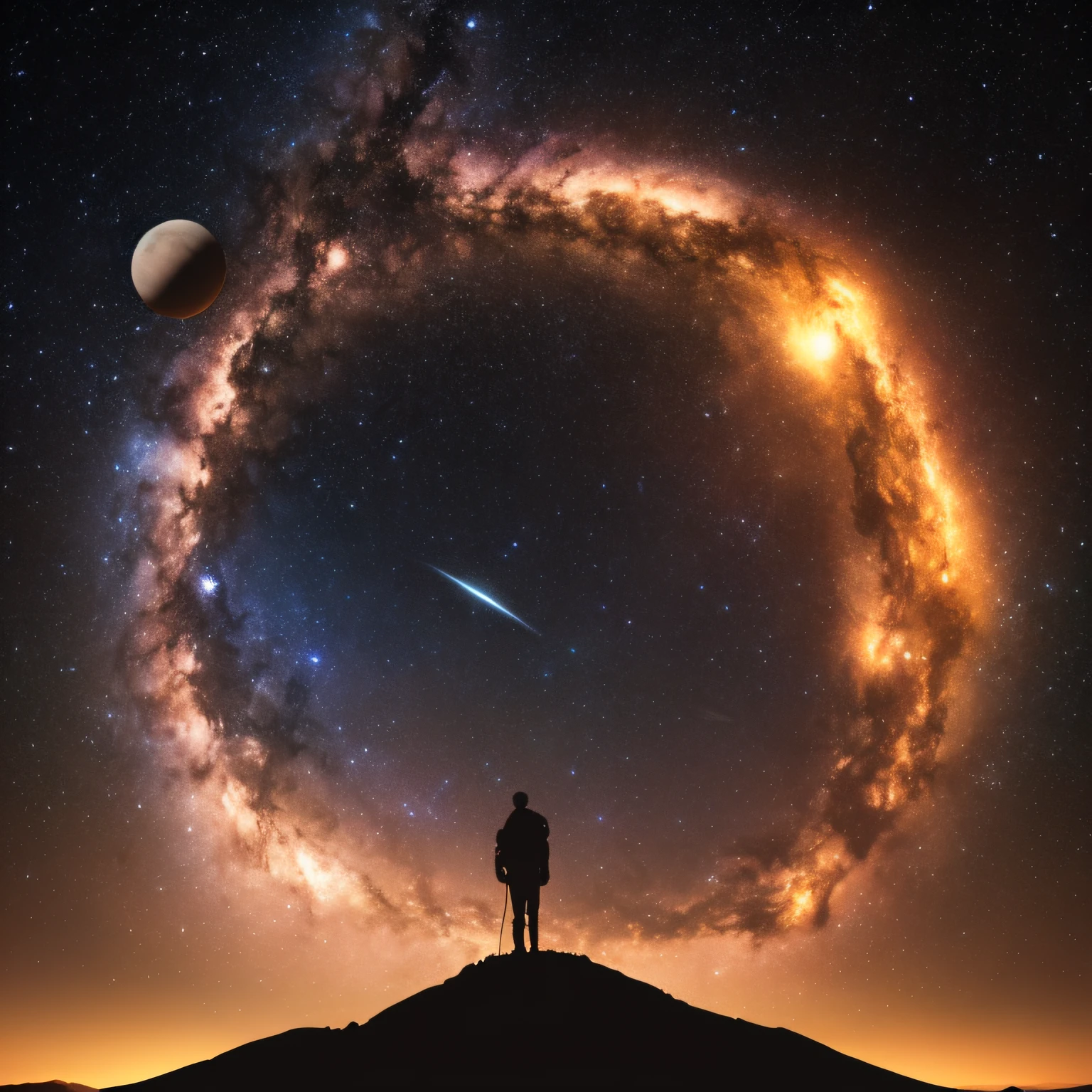 Realistic landscape of the silhouette of a person on top of a mountain under a starry sky with several planets --auto