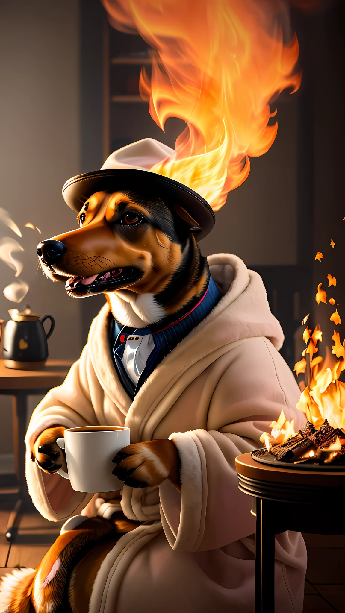 (best quality:1.23), (masterpiece:1.12), (realistic:1.24), (anthropomorphic dog:1.5) holding a coffee cup, sitting, in a robe, eating breakfast and holding a coffee cup, hat, particles, volumetric lighting, room burn down, ground and chair on fire, lots of gadgets and equipment on fire, smoke, (flames all around:1.2),
