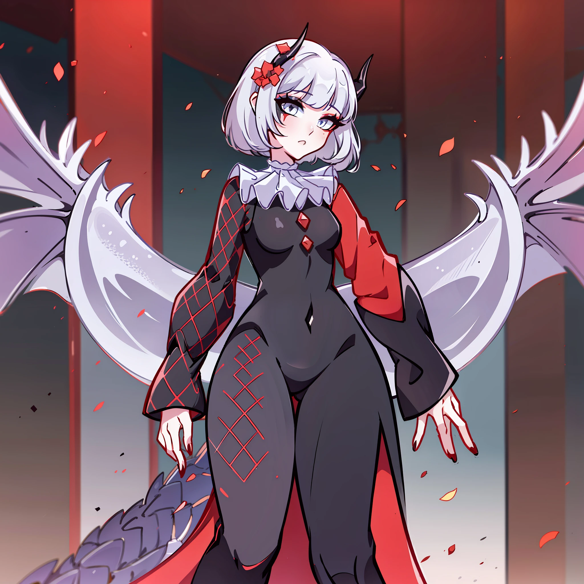 (Best quality: 1.0), (super high res: 1.0), extremely detailed character, detailed Hands, half-dragon girl, horns, scales on the neck, scales on the shoulders, scales on the forearm, scales on the cheek, woman with dragon's tail, extremely detailed hair, short hair, ((white hair)), ((black locks)), extremely detailed eyes, heterochromia, (heterochromia being the right eye white and the left being black), dragon eyes, 2d, anime art, teen, ((full body)), standing, medieval, Rpg