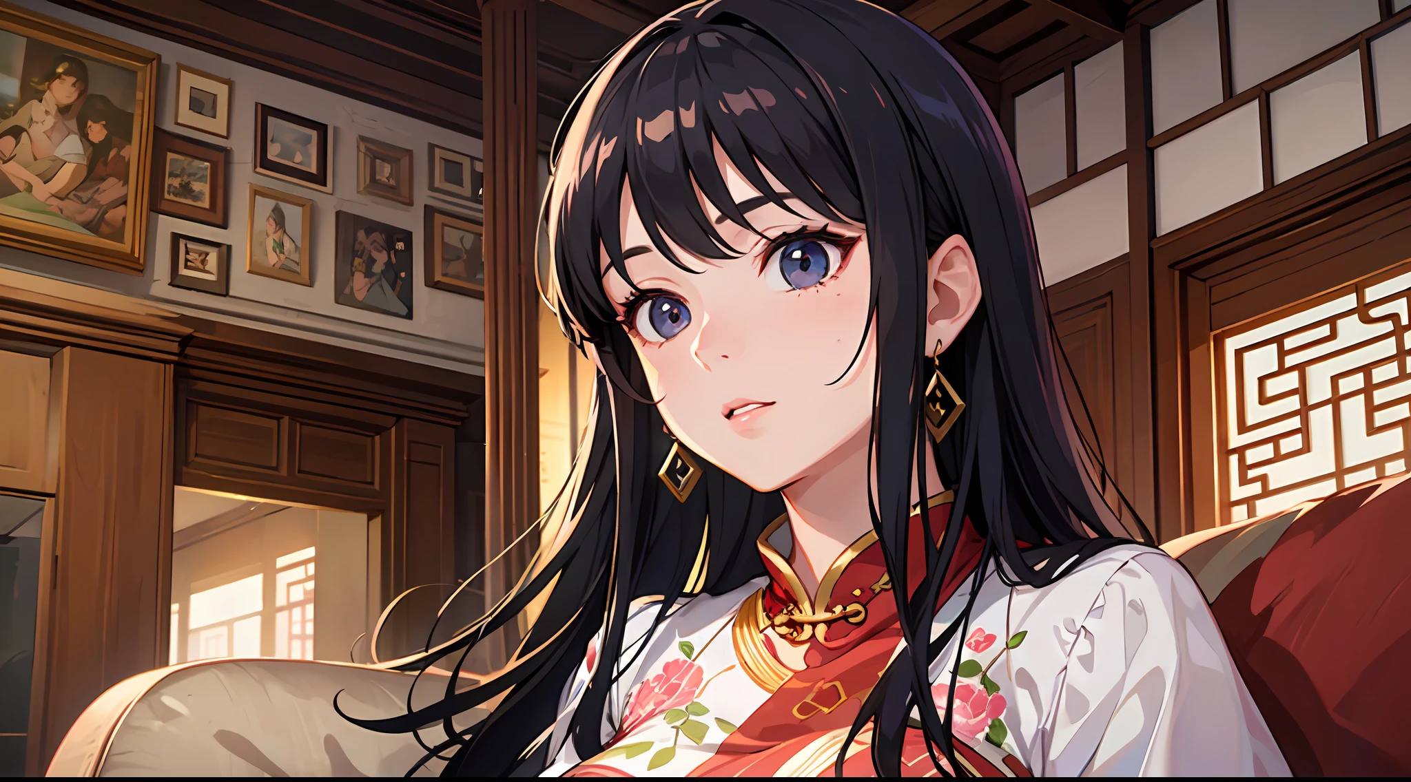 A beautiful middle-aged woman, wearing a cheongsam and long black hair, sitting on the sofa in the villa, looking at the audience, delicate facial features, clear facial expressions, detailed digital animation art, digital animation art, high-quality animation art style