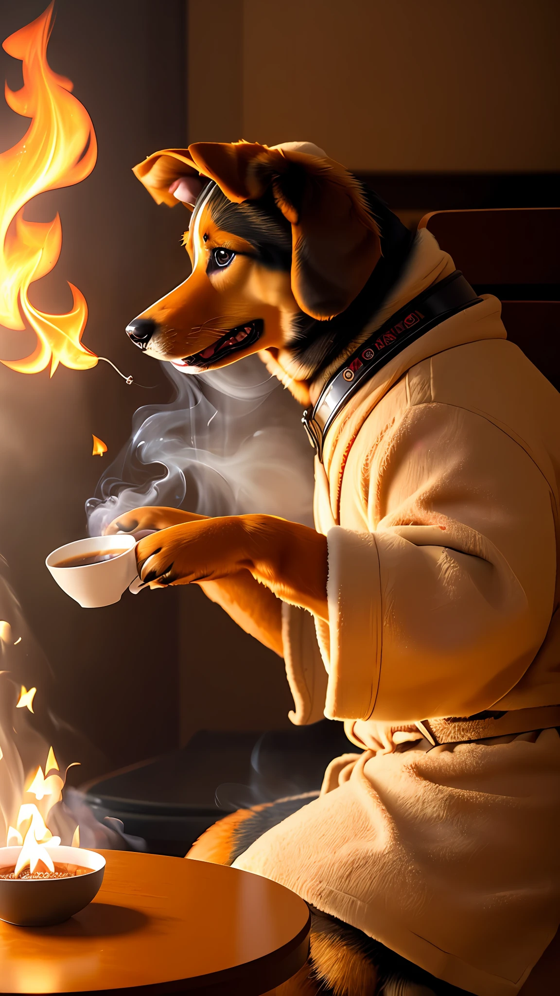 (best quality:1.23), (masterpiece:1.12), (realistic:1.24), (anthropomorphic dog:1.5) holding a coffee cup, sitting, in a robe, eating breakfast and holding a coffee cup, hat, particles, volumetric lighting, room burn down, ground and chair on fire, lots of gadgets and equipment on fire, smoke, (flames all around:1.2),