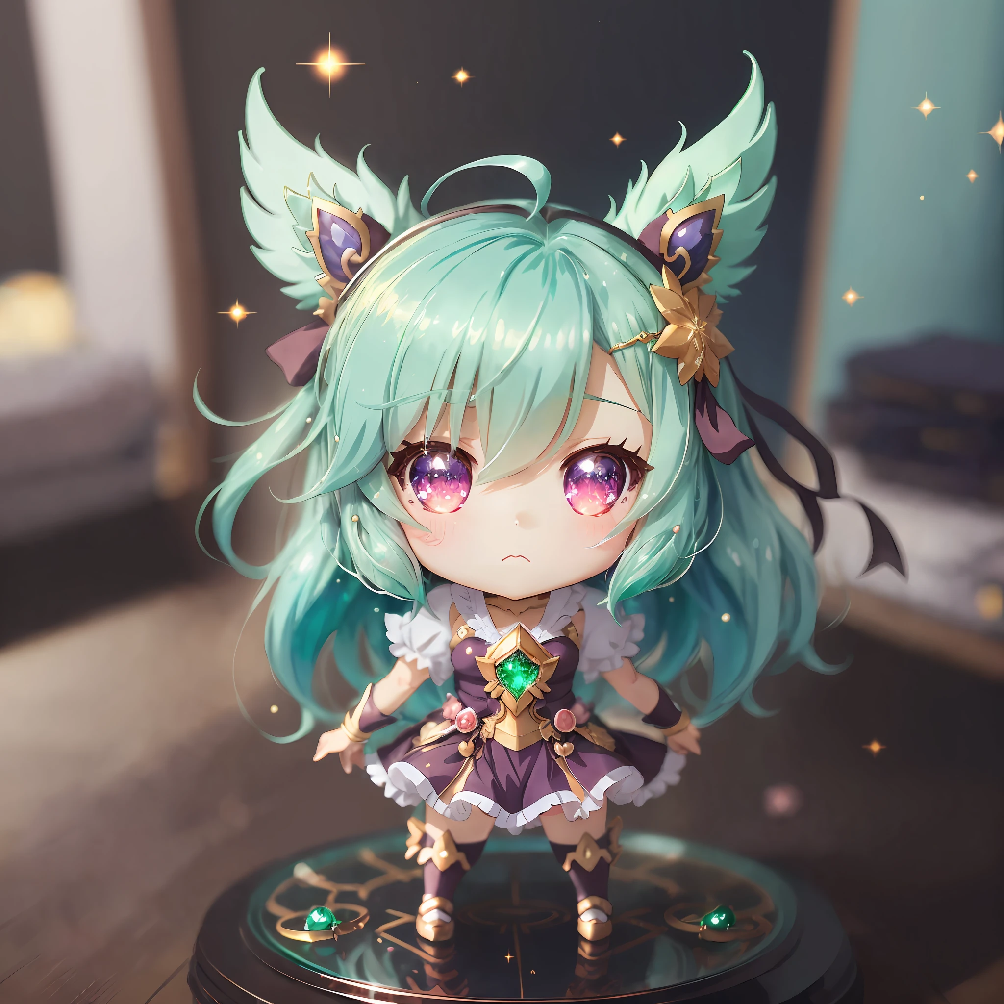 (((1 animated angel doll))), (Chibi:1.2), 8K high quality detail art, white feathers on the back, Emerald green hair, gradients, Shimmer, style as nendoroid, anime stylized, Anime Style4K, detailed cute digital art, Guweiz style artwork, 8K octar rendered photos, advanced digital chibi art, cute 3D renderings, Anime Style, Mitsu, sparkles --auto