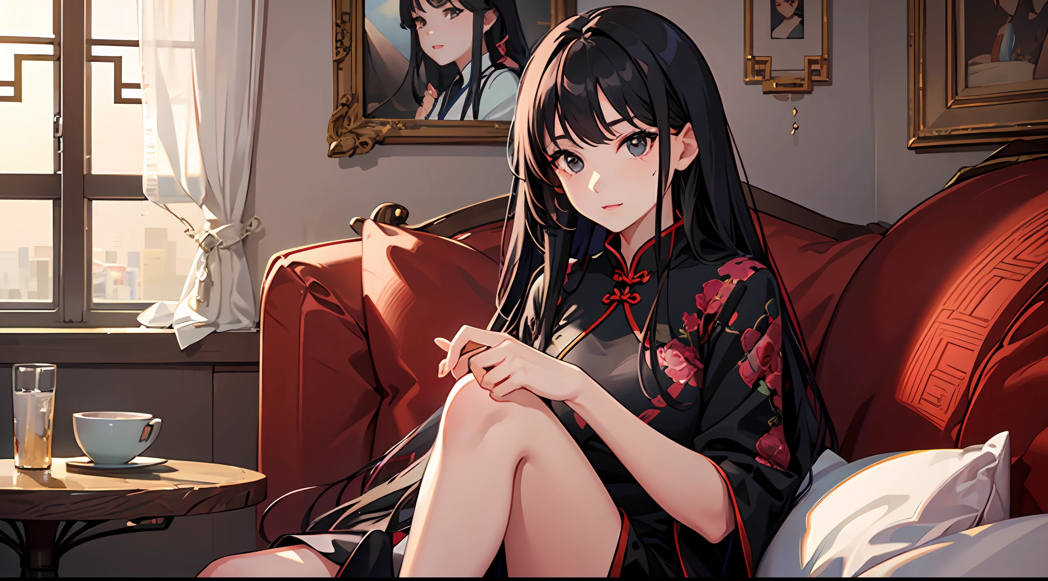 A beautiful middle-aged woman, wearing a cheongsam and long black hair, sitting on the sofa in the villa, looking at the audience, delicate facial features, clear facial expressions, detailed digital animation art, digital animation art, high-quality animation art style