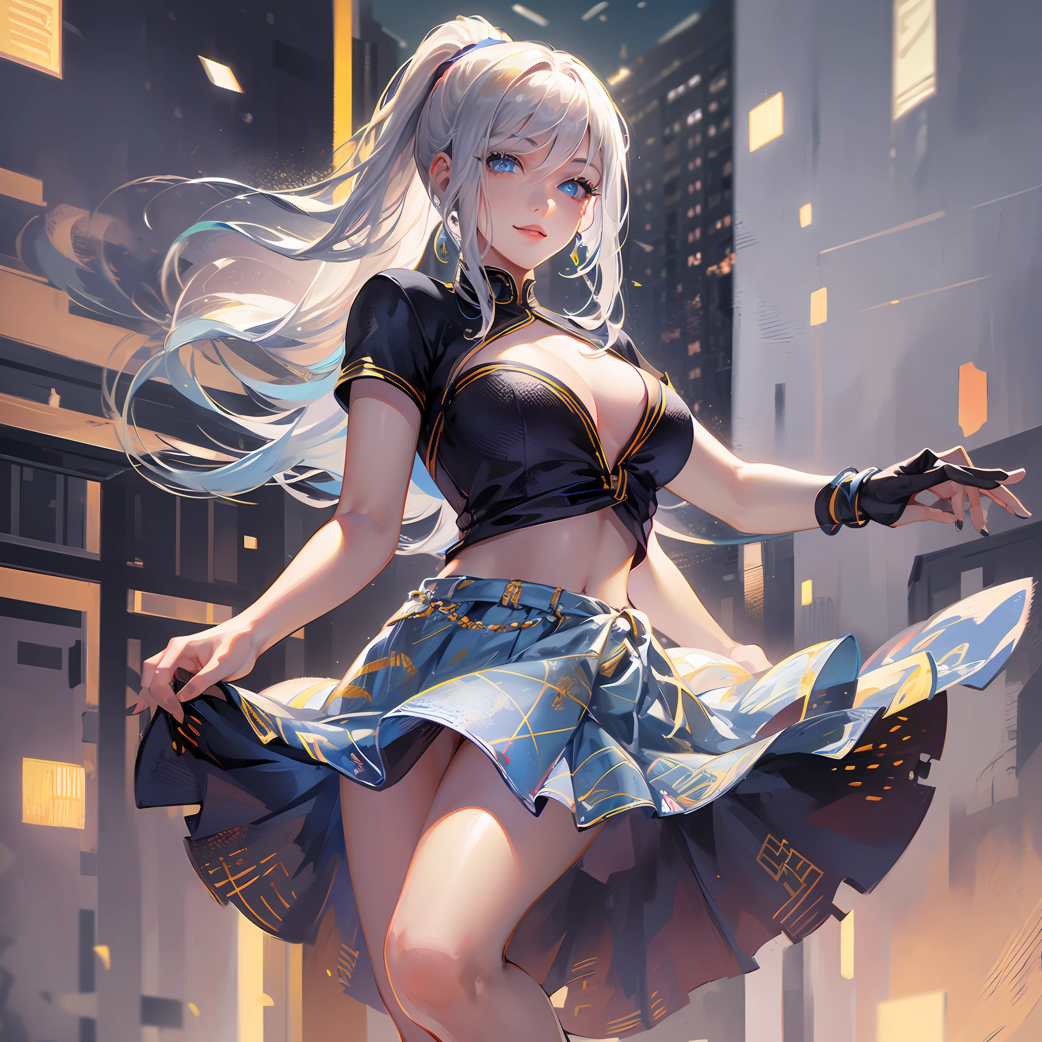 Ultra detailed, very detailed, masterpiece, highest quality, best quality, absurd, high resolution, subsurface scattering, (1girl:1.5), (solo:1.4), smile, gray hair, ponytail, medium bangs, hair between eyes, cropped top, short skirt, blue eyes, eye reflection, detailed eyes, perfect eyes, rendered eyes, (looking at the audience: 1.1), dynamic pose, dynamic angle, full body, perfect hands, hand details. Detail enhancement. fine skin, skin pores, shiny skin, shiny skin, (penties:0.7), (detailed background: 1.2), depth of field,