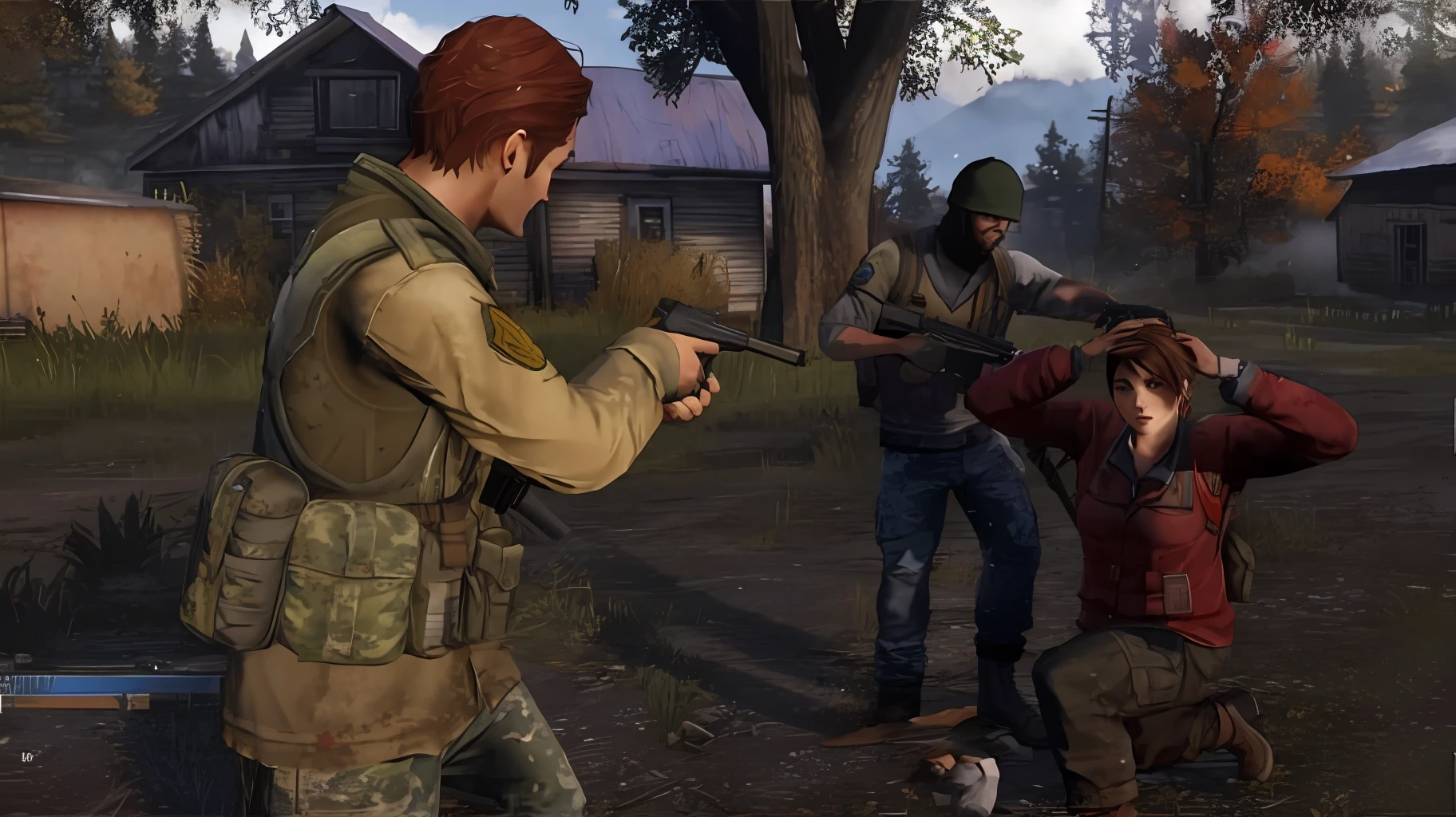 araffes and a man in a military uniform are standing in a field, dayz, 2020 video game screenshot, in dayz, squad fighting enemy, screenshot from game, gameplay still, screenshot from the game, video game screenshot, the last of us zombie, combat scene, gameplay footage, luscious ) in the last of us, videogame screenshot