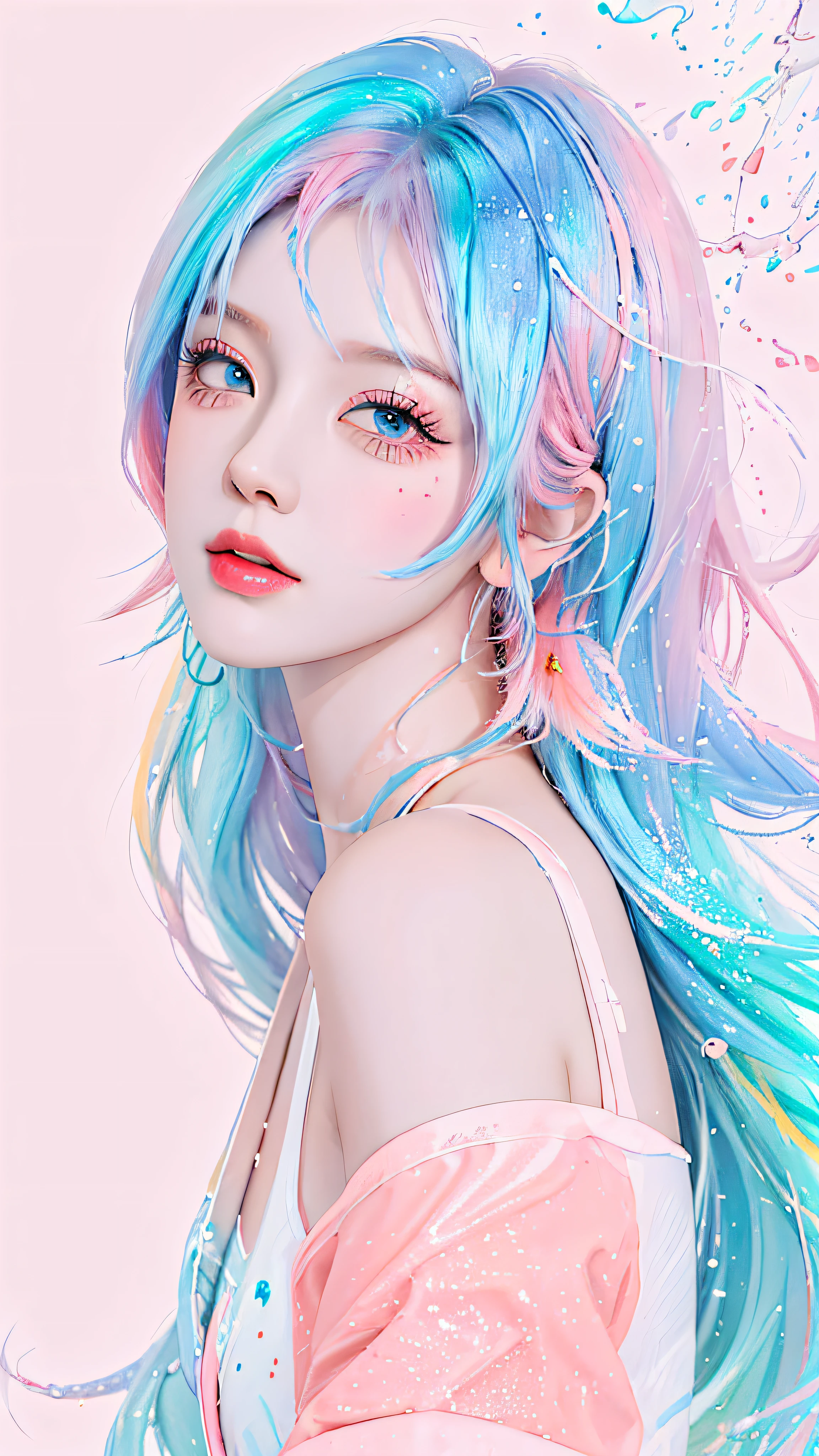 (Masterpiece, Best Quality, High Resolution), White Background, Acrylic Paint, ((Color Splash, Splash of Ink, Color Splash)), Sweet Chinese Girl, Long Light Blue Hair, [Light Blue|Pink] Hair, Curly Hair, Glitter, Peach Lips, White Shirt, Front, Upper Body