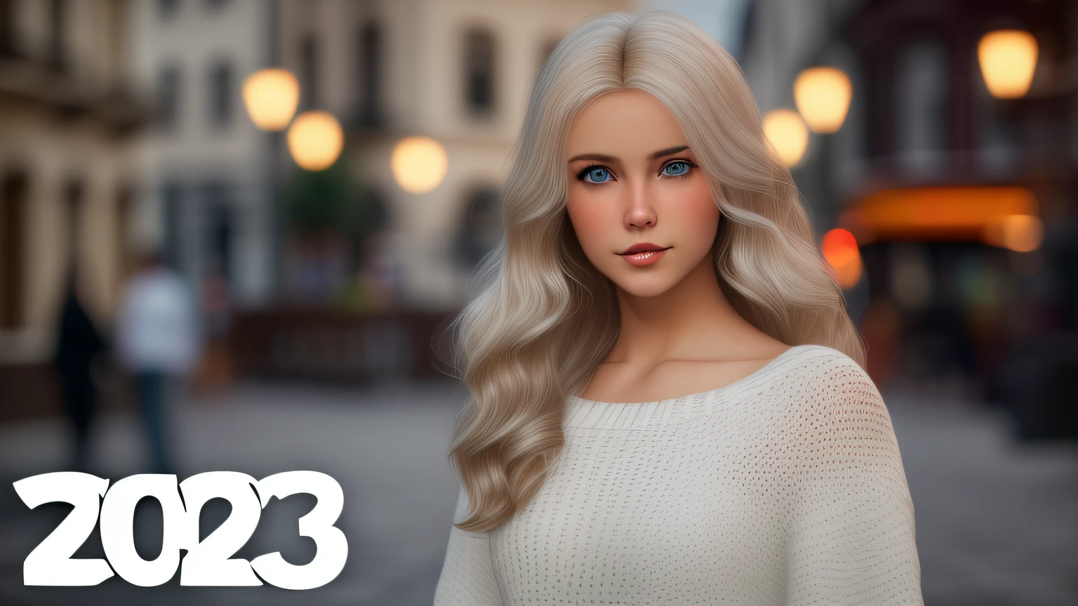 a woman with blonde hair and blue eyes standing in a city street, she is 2 3, perfect white haired girl, beautiful girl model, blonde beautiful young woman, daz 3d, daz 3 d, daz3d, beautiful model girl, f 3 2, f32, beautiful blonde girl, beautiful nordic woman, beautiful female model, daz studio 3d
