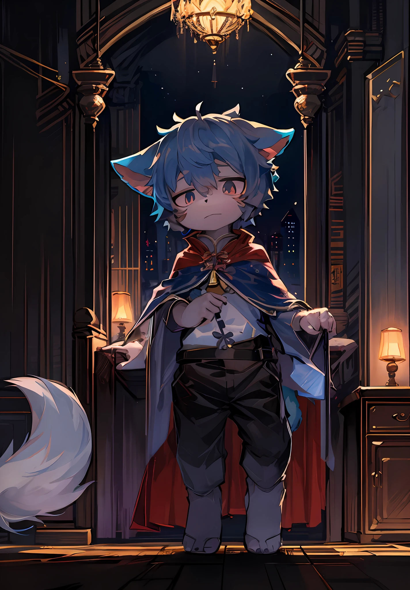 anime character with blue hair and a cape standing in a room, trending on artstation pixiv, ((wearing aristocrat robe)), boy with cat ears and tail, hero 2 d fanart artsation, keqing from genshin impact, 8k high quality detailed art, detailed fanart, full body portrait of a short!, highly detailed exquisite fanart, high detailed official artwork