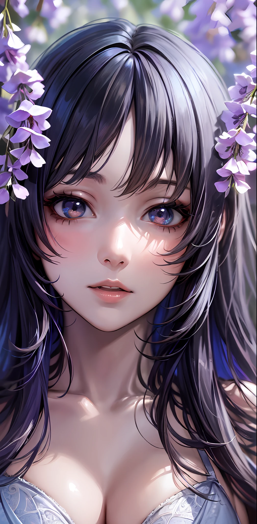 best picture quality, higher quality, high detail, super high resolution, 8k resolution, depth of field, Cinematography, Intricate detail, Elaborate, Meticulous, Magnificent, Maximum detail, Extreme beauty, (((1girl, solo))), 18age, Long hair, multicolor hair, White skin, Realistic, Masterpiece, (best picture quality), higher quality, high detail, super high resolution, panorama, exquisite facial features, perfect face, glowing skin, dreamy background, women, girls, angels, mini girls, goddesses, poets, shy, Surprise, shoulder-length hair, black hair, sharp and clear focus, three-dimensional silhouette, correct proportions, realistic portrait, face close-up, a very temperamental beautiful girl, slender figure, exquisite facial features, flowing long hair, blue hair, extremely detailed hair description, (collarbone), perfect face, clean and flawless face, long eyelashes, light pink eye shadow, shallow dimples, blush, watery big eyes crystal clear, delicate cream Glowing skin like skin, detailed skin details, CFG scale: 8,(A beautiful girl with large breasts and a wisteria flower in her hair),(she wears a white bikini and has her lips slightly parted),(her navel is visible as she stands surrounded by alraune plants), a dream-like atmosphere with vibrant colors and soft lighting,1girl,alraune, flower,large breasts, navel,,wisteria, parted lips,